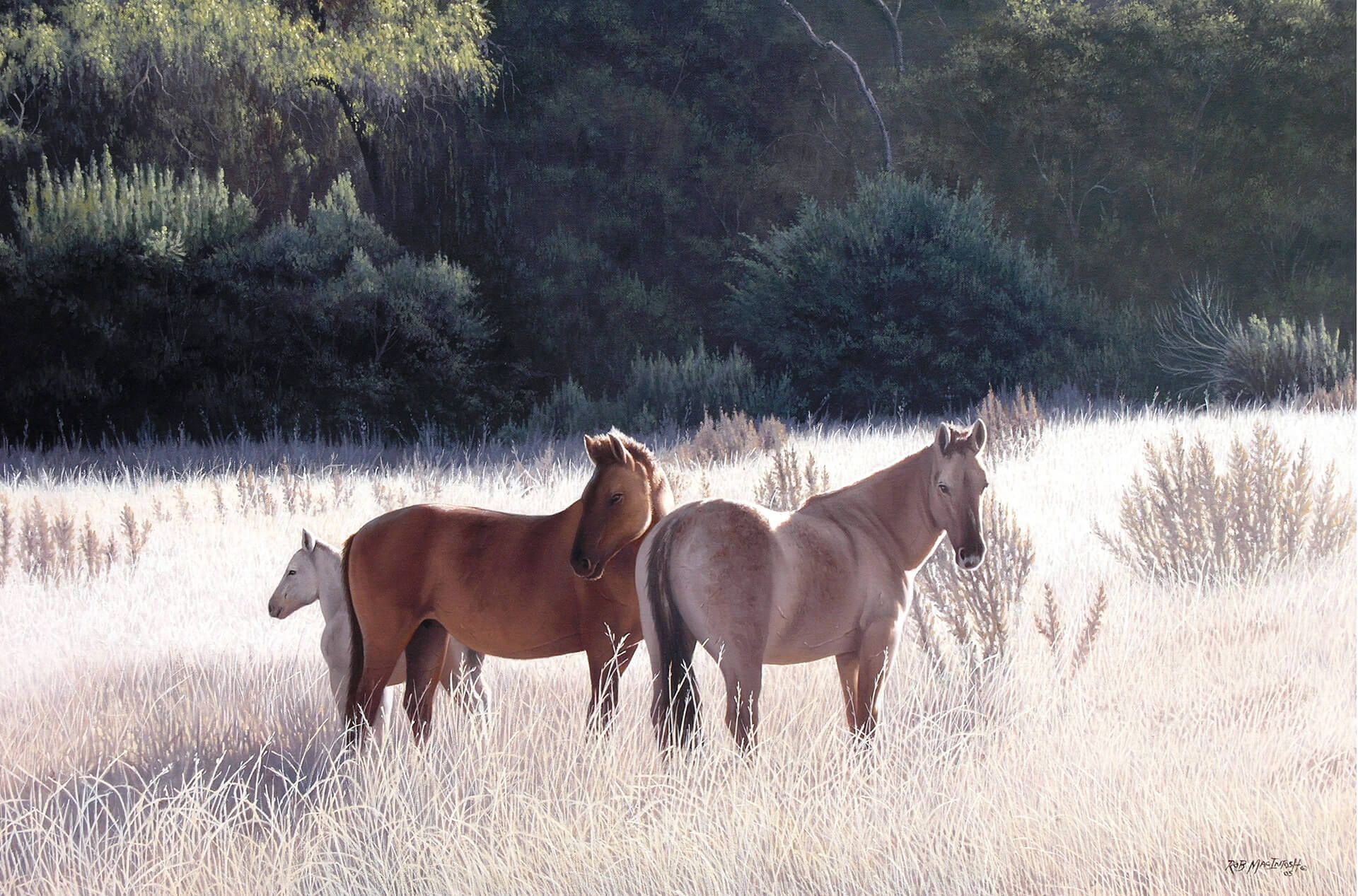 Photorealistic painting of horses standing in a field