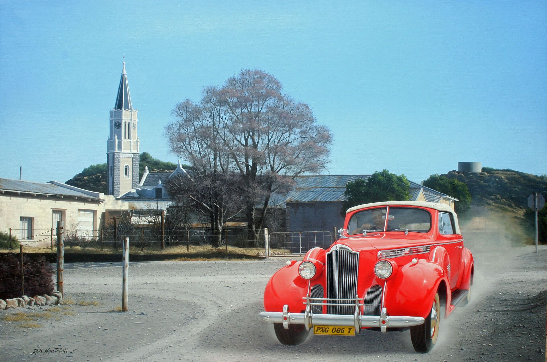Photorealistic painting of an old red car driving through Hanover