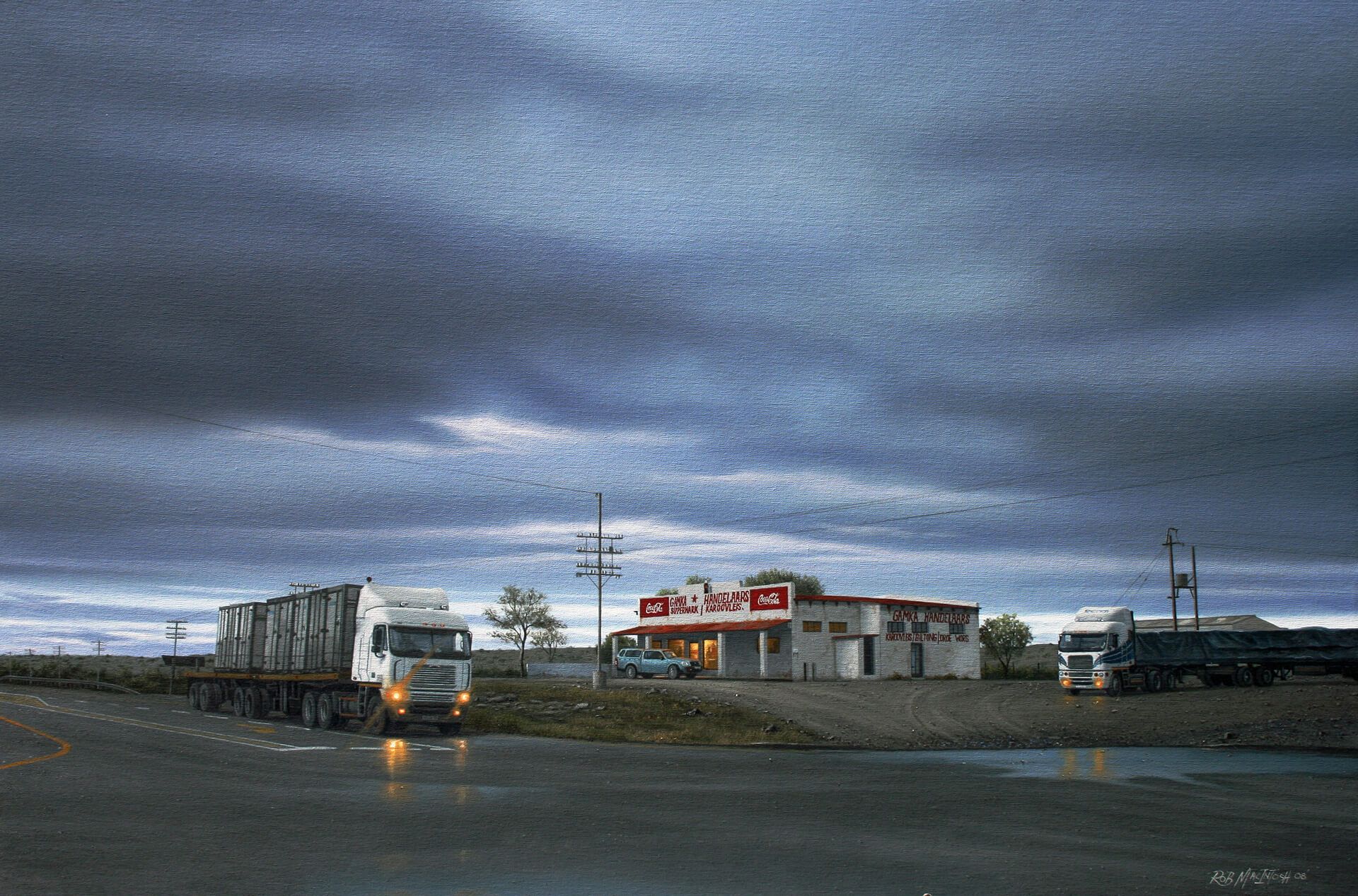 Photorealistic painting of a small roadside store in the early morning