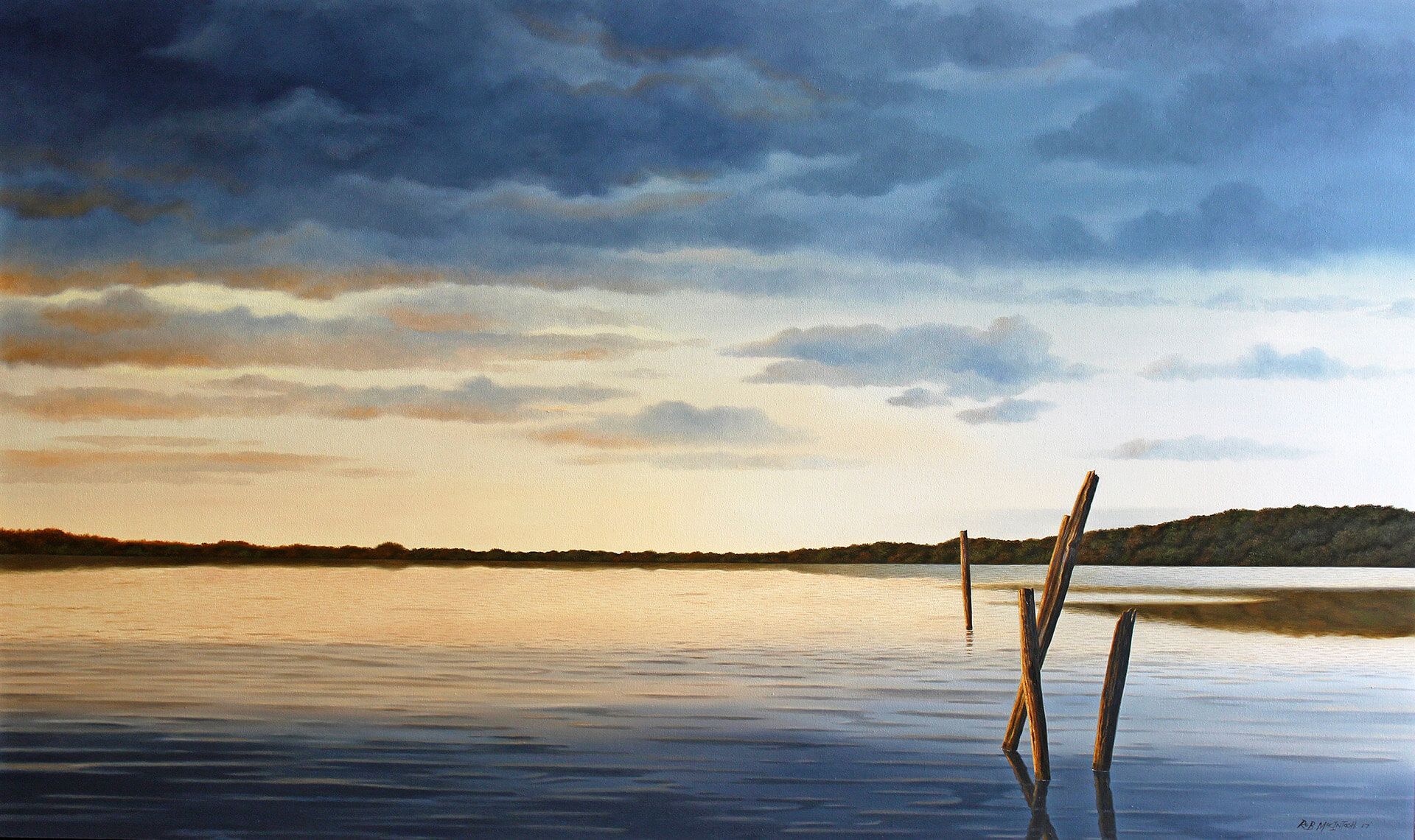 Photorealistic painting of a cloudy sunset over a calm ocean