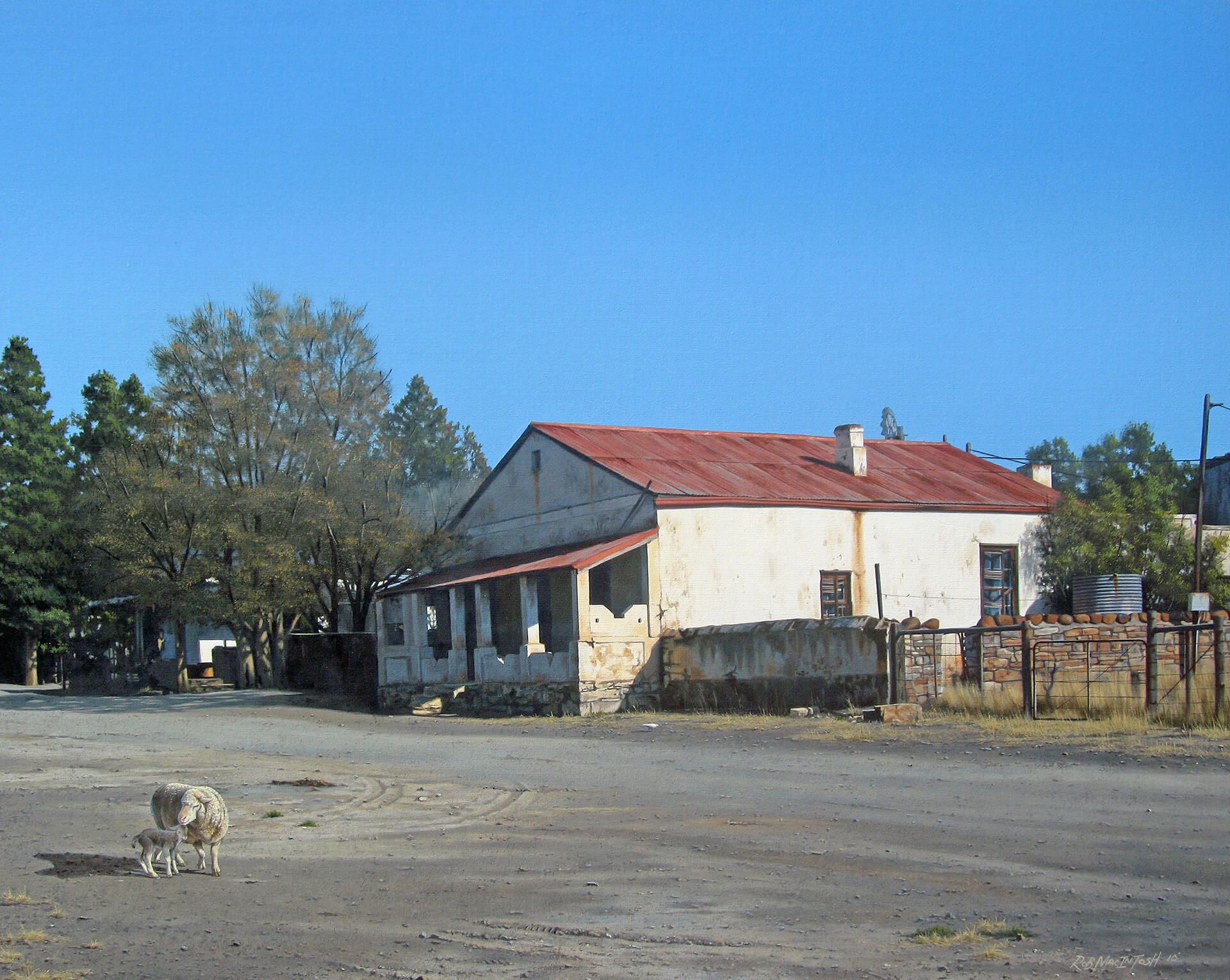Photorealistic painting of an old building with sheep in front of it