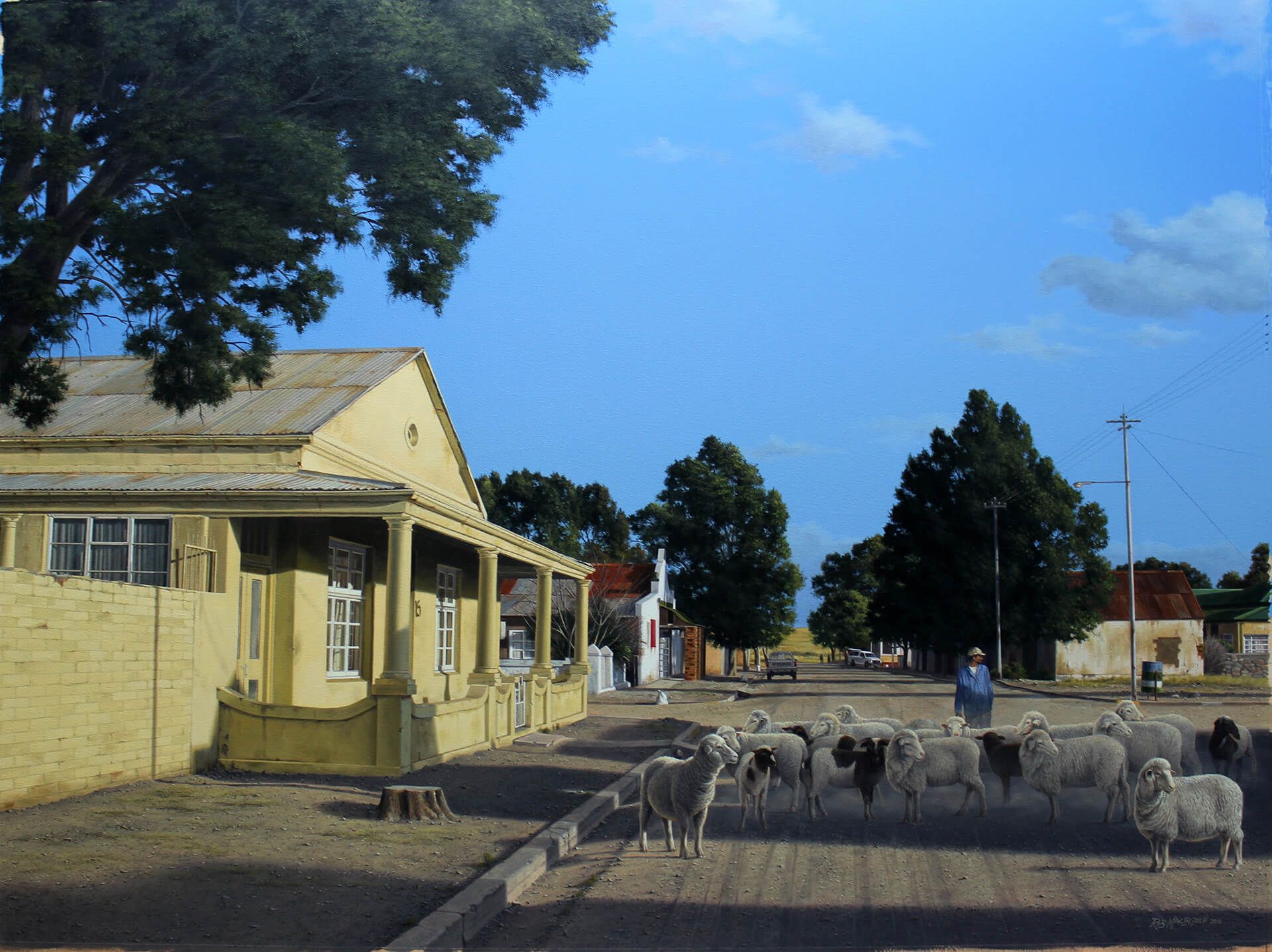 Photorealistic painting of a man herding sheep down a street in a neighborhood