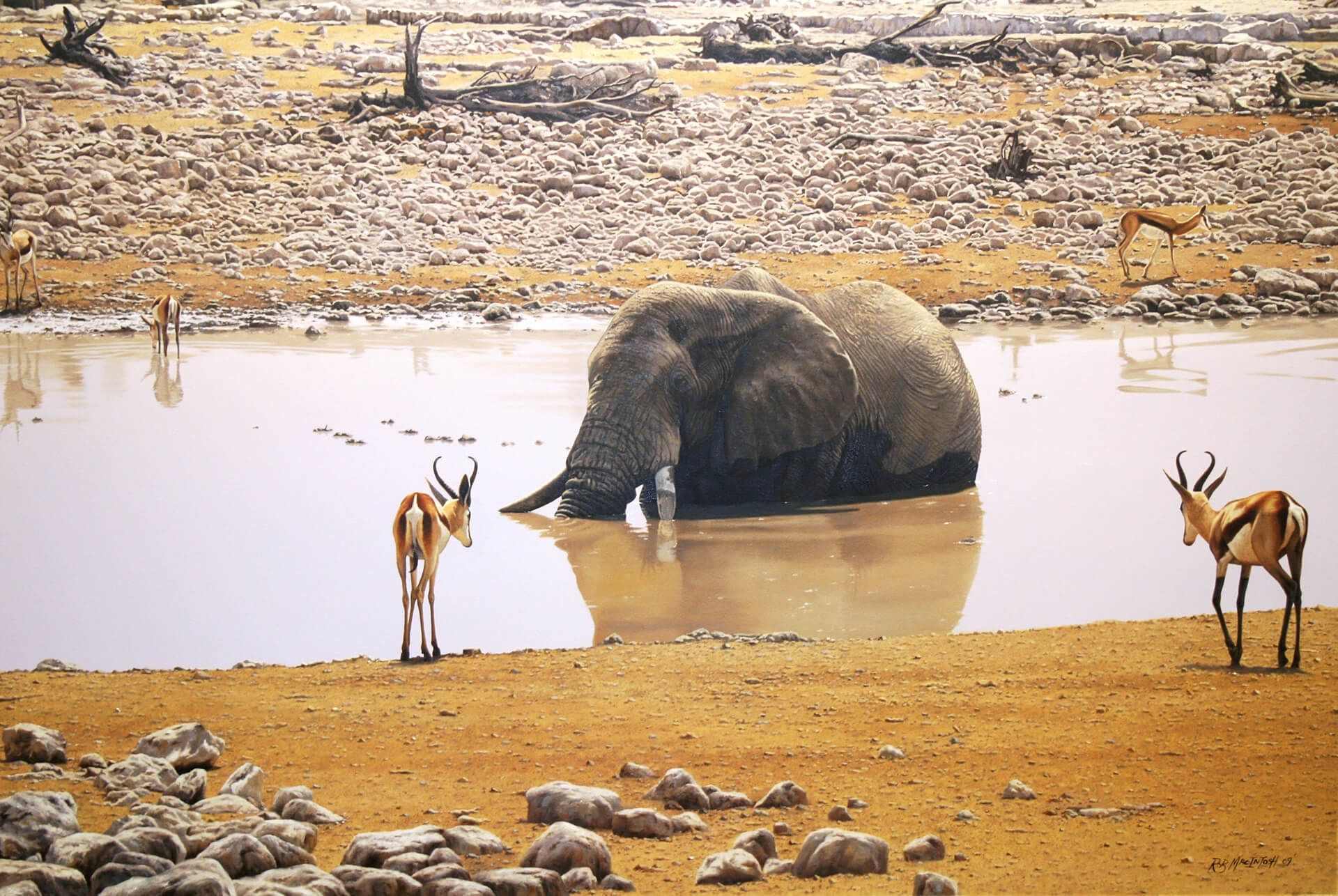 Photorealistic painting of an elephant submerged in lake