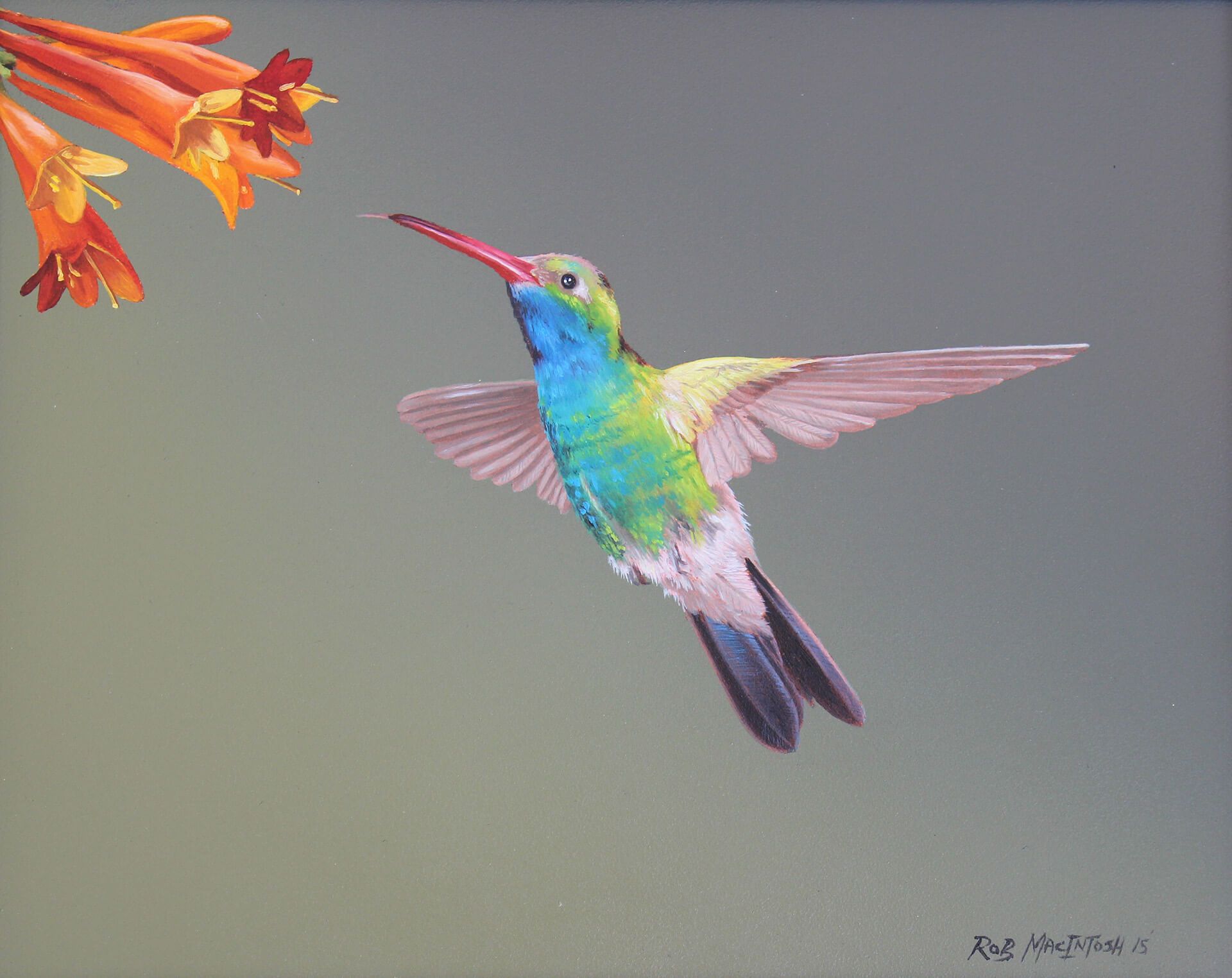 Photorealistic painting of a hummingbird approaching flower