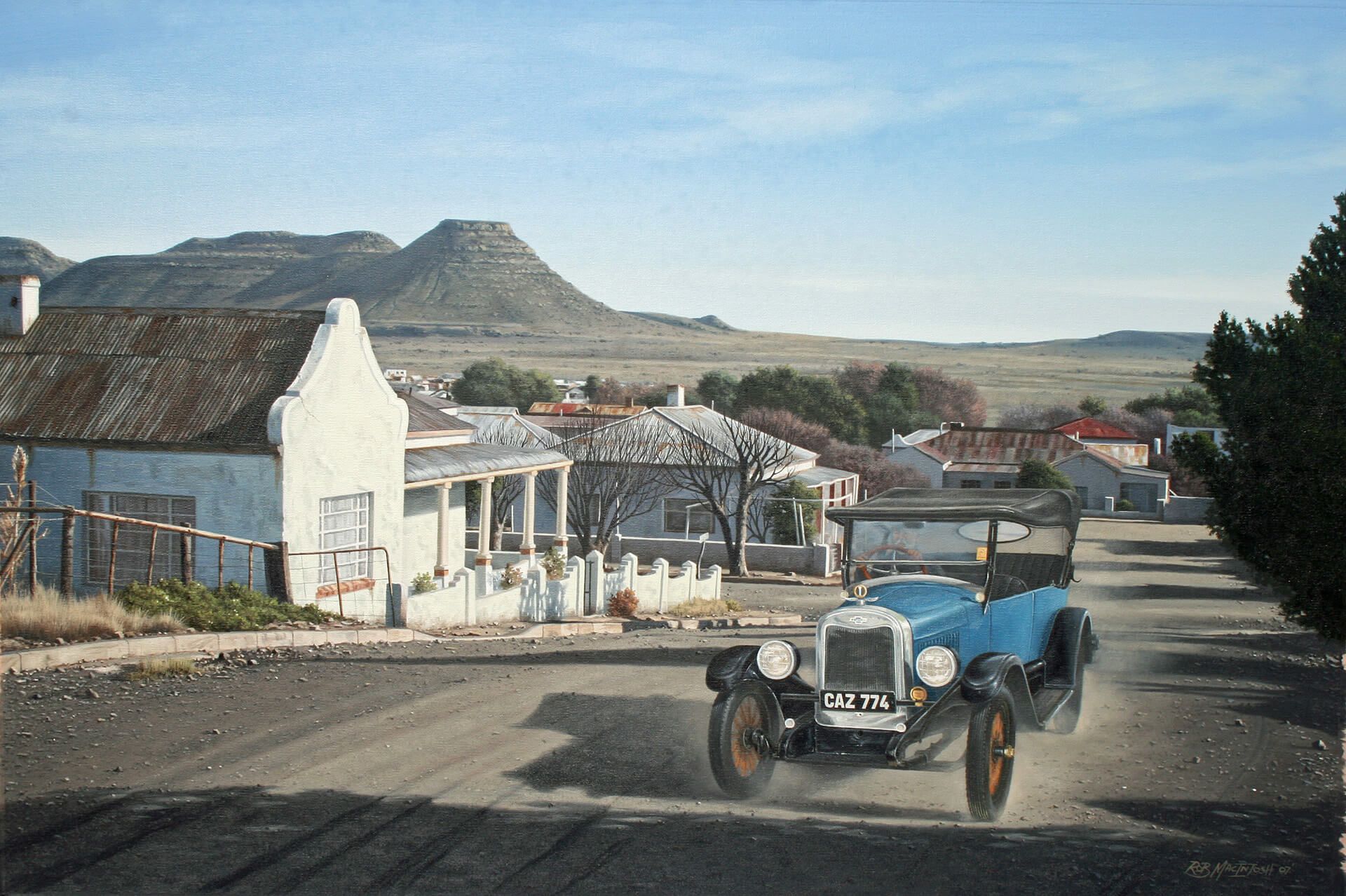 Photorealistic painting of a car driving through Aberdeen