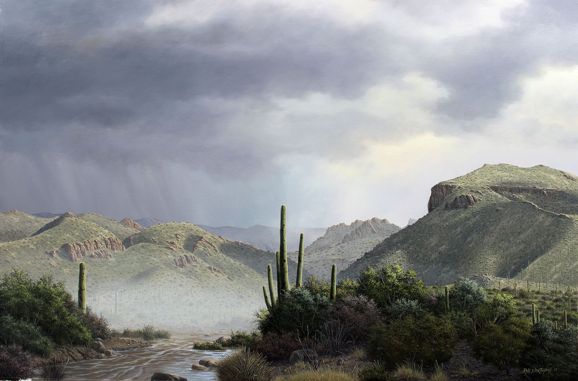Photorealistic painting of the Catalina Mountains after a storm