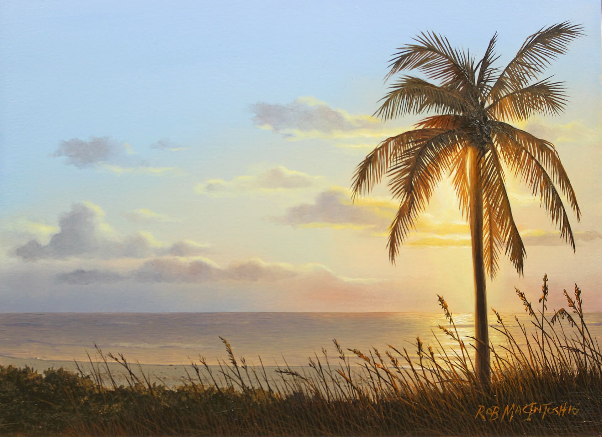 Photorealistic painting of a palm tree in front a sunset on a beach