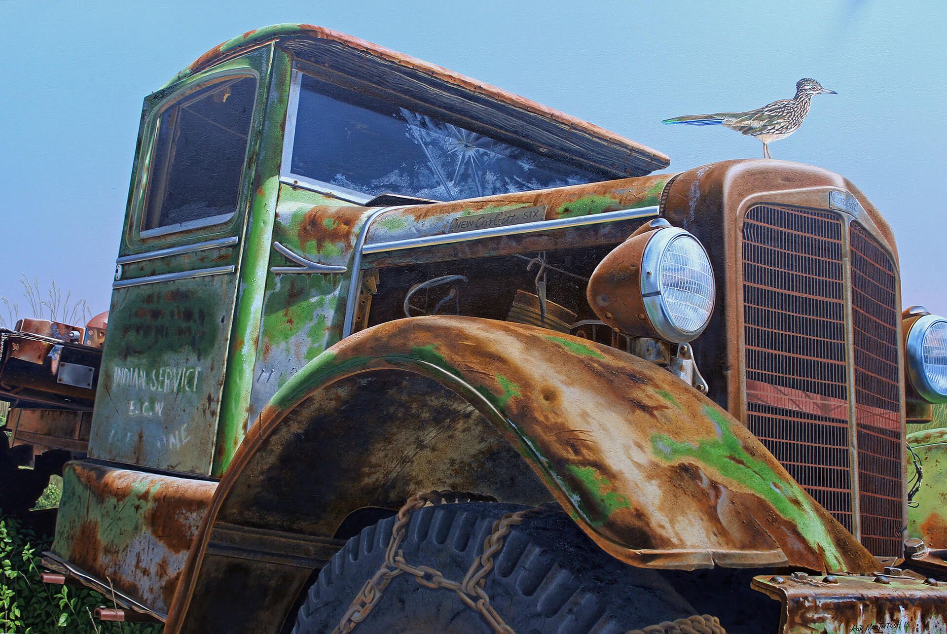 Photorealistic painting an old, rusty truck with a roadrunner perched on top of it
