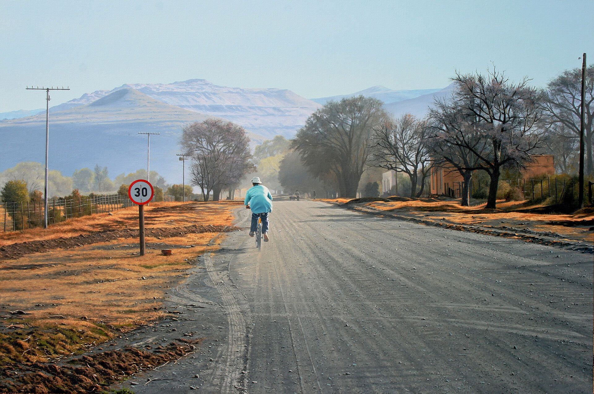 Photorealistic painting of a man cycling down a street
