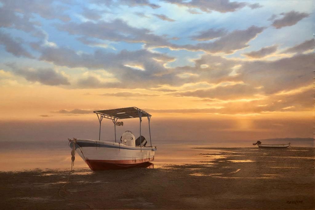 Photorealistic painting of a docked boat during a sunset