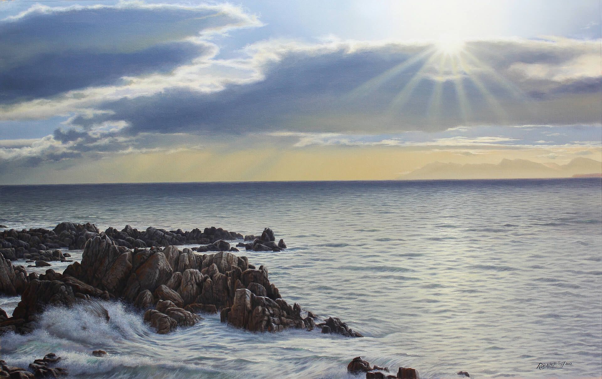 Photorealistic painting of sunlight shining through clouds over a rocky beach