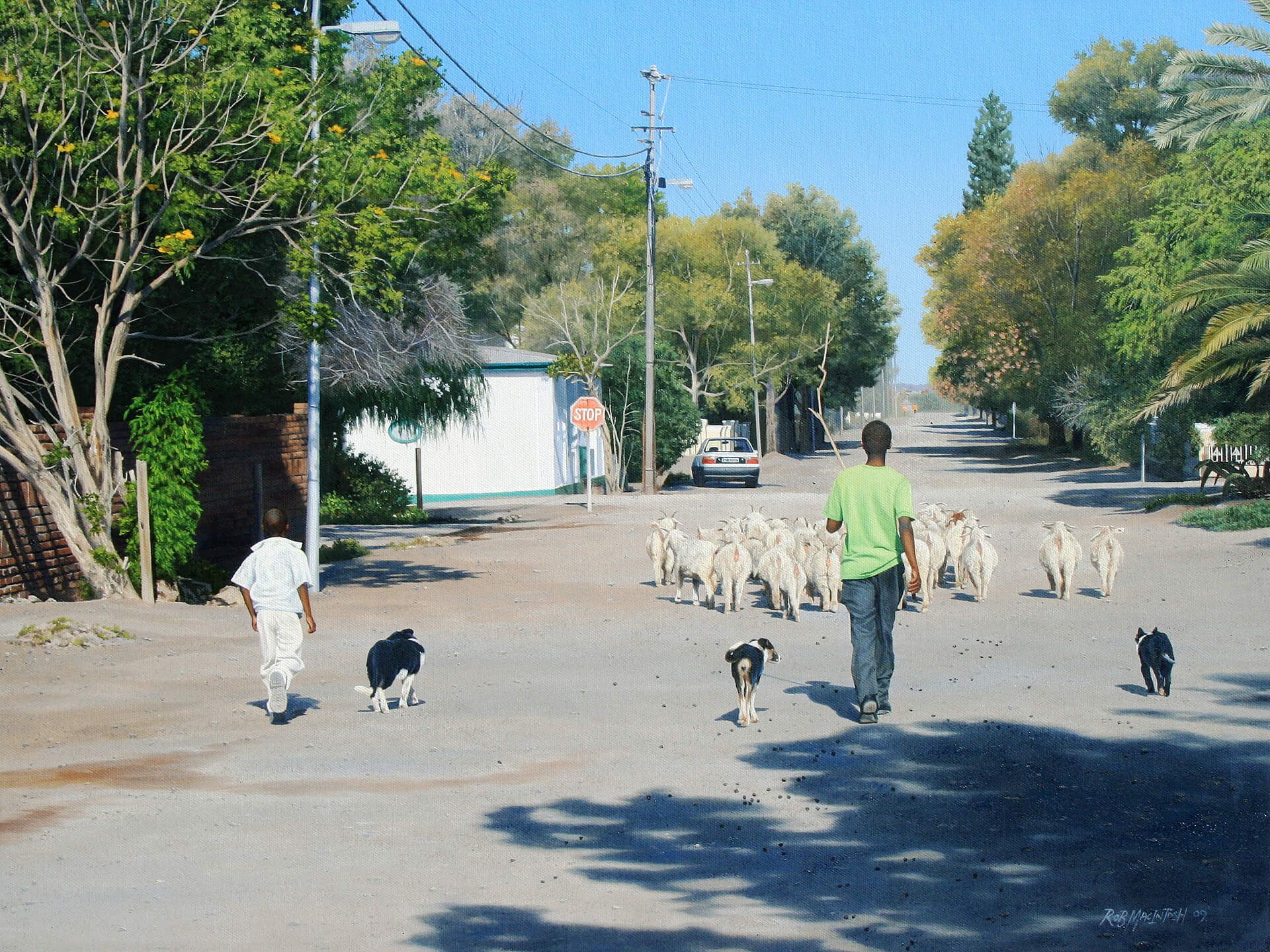 Photorealistic painting of two boys walking down street herding sheep