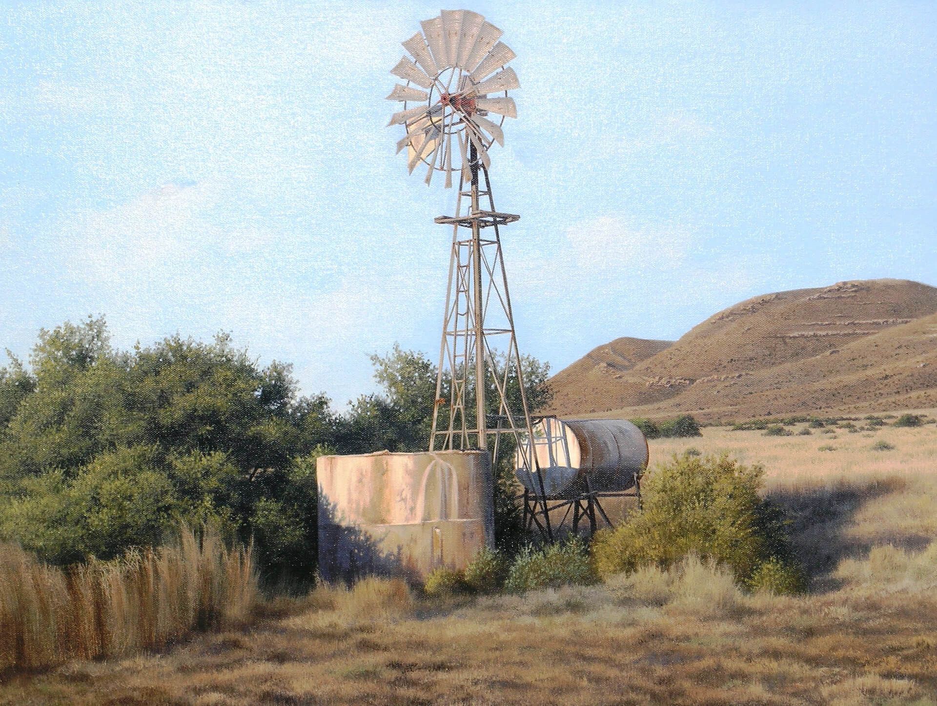 Photorealistic painting of a lone windmill