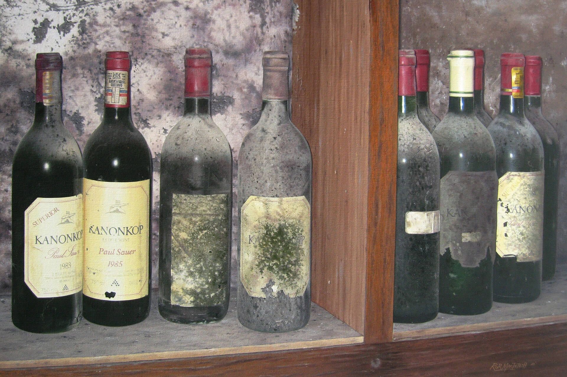 Photorealistic painting of old wine bottles collecting dust