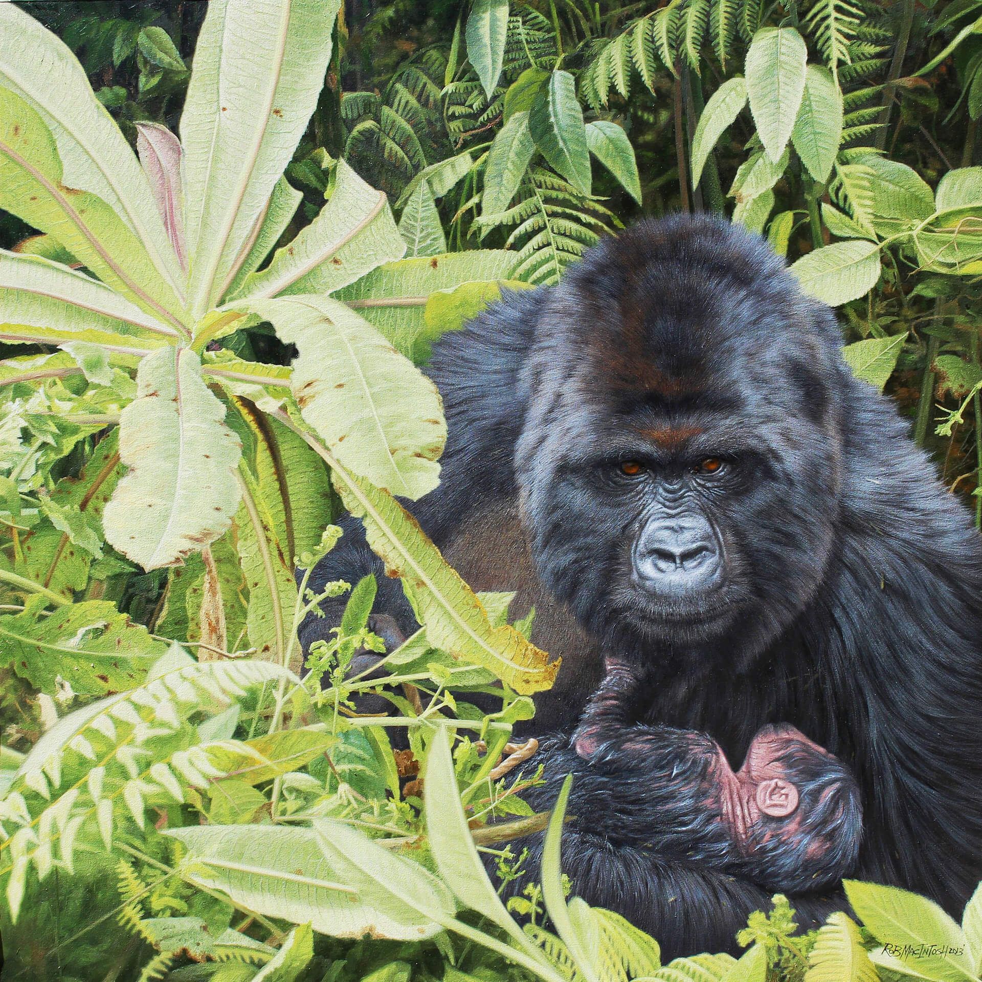 Photorealistic painting of gorilla holding her newborn infant
