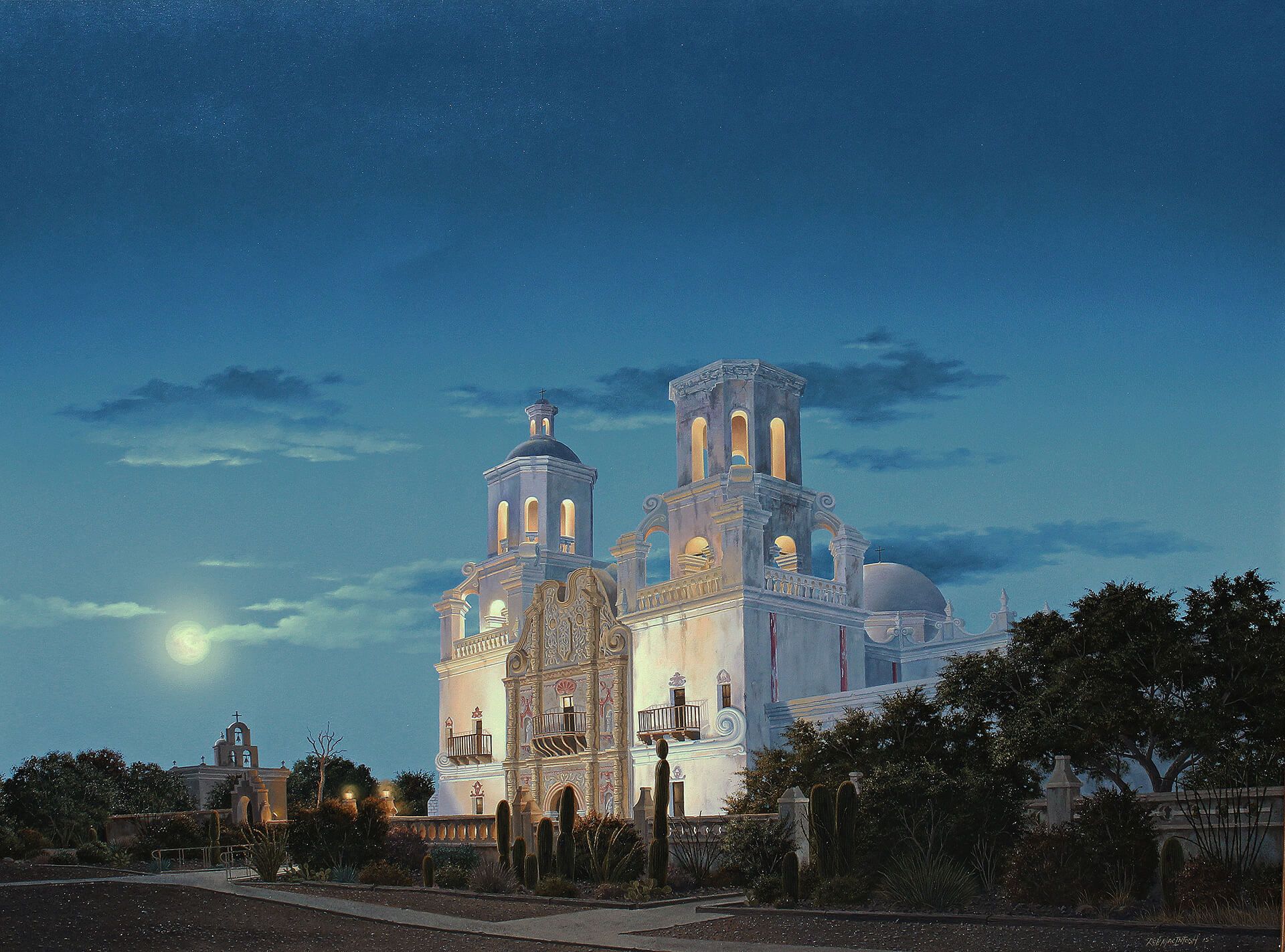 Photorealistic painting of a full moon over San Xavier