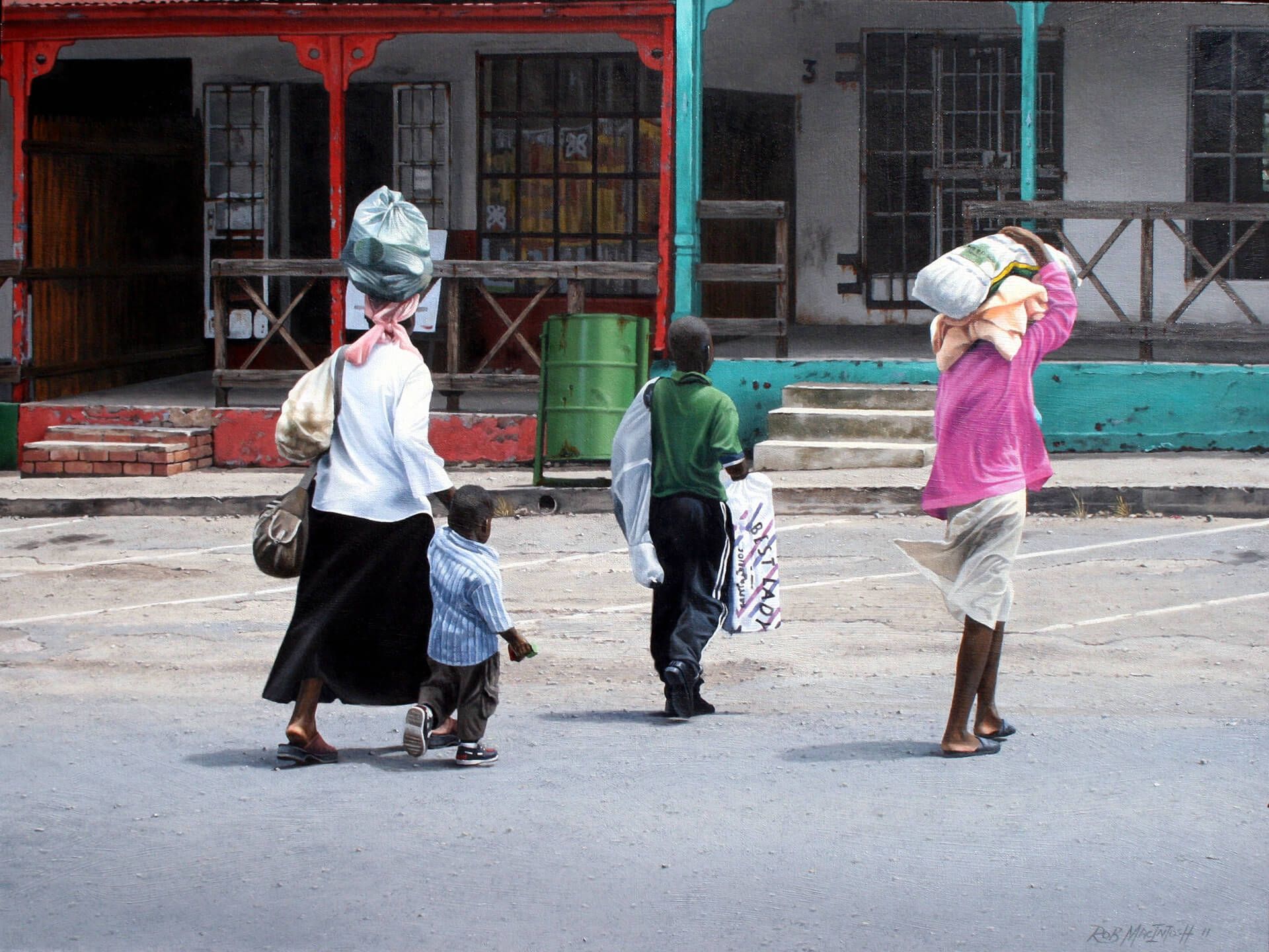 Photorealistic painting of a family carrying groceries