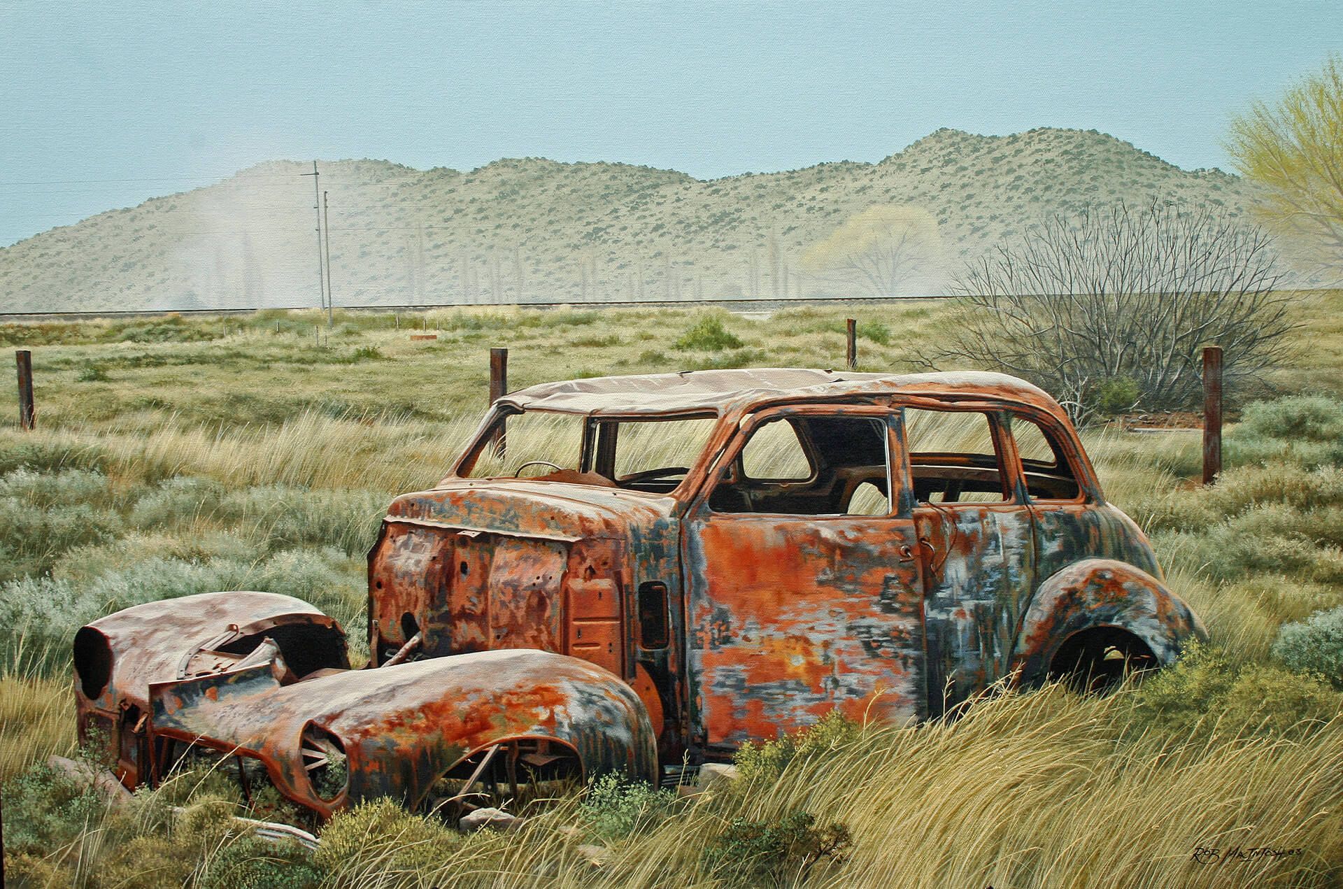 Photorealistic painting of a rusty and degraded car in an open field