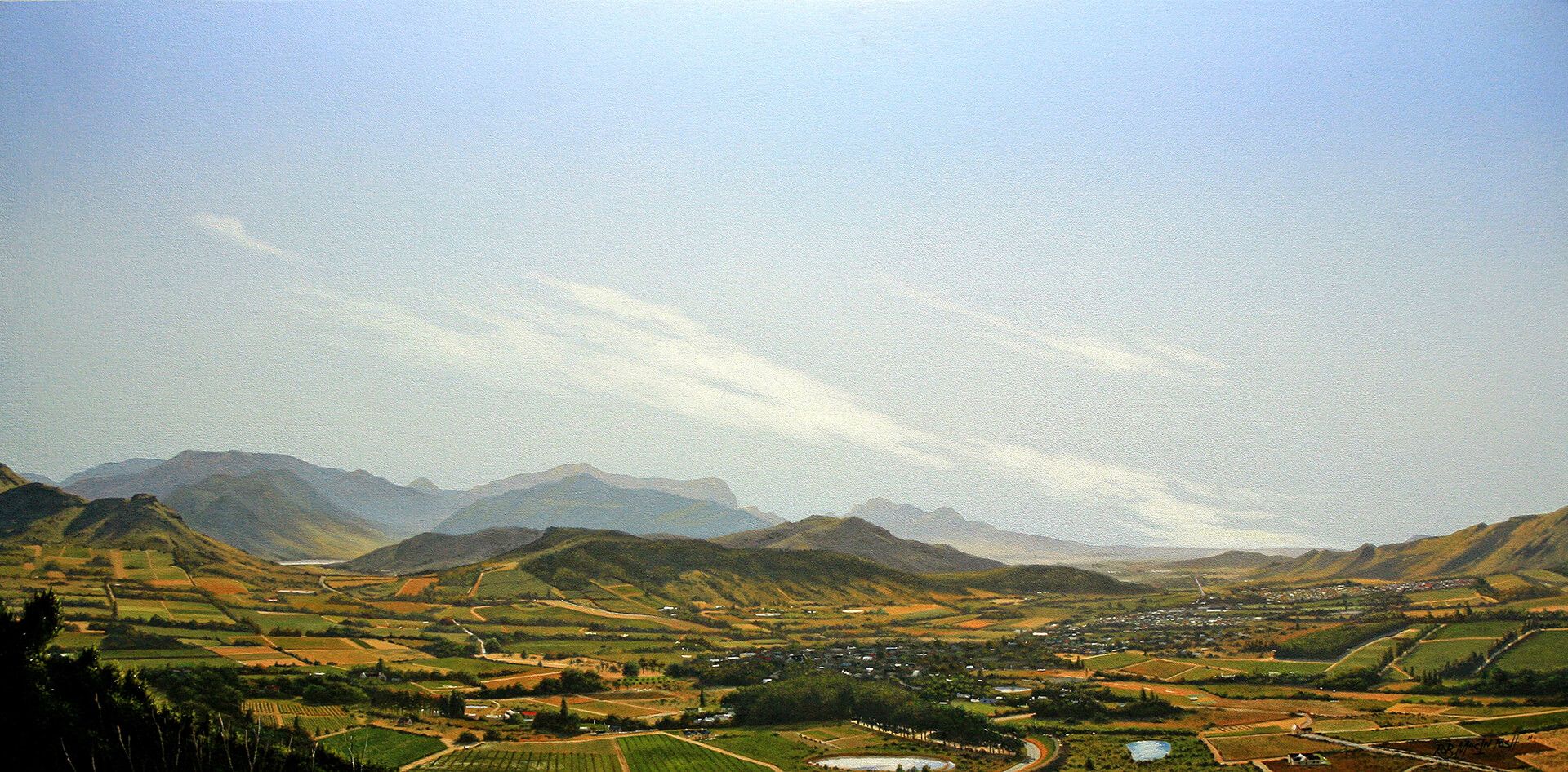 Photorealistic painting of rural landscape set in green hills