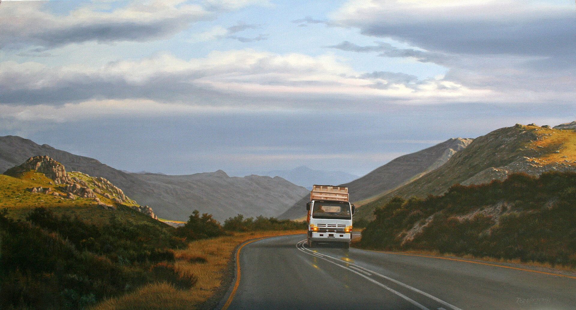 Photorealistic painting of truck driving on a highway through hills