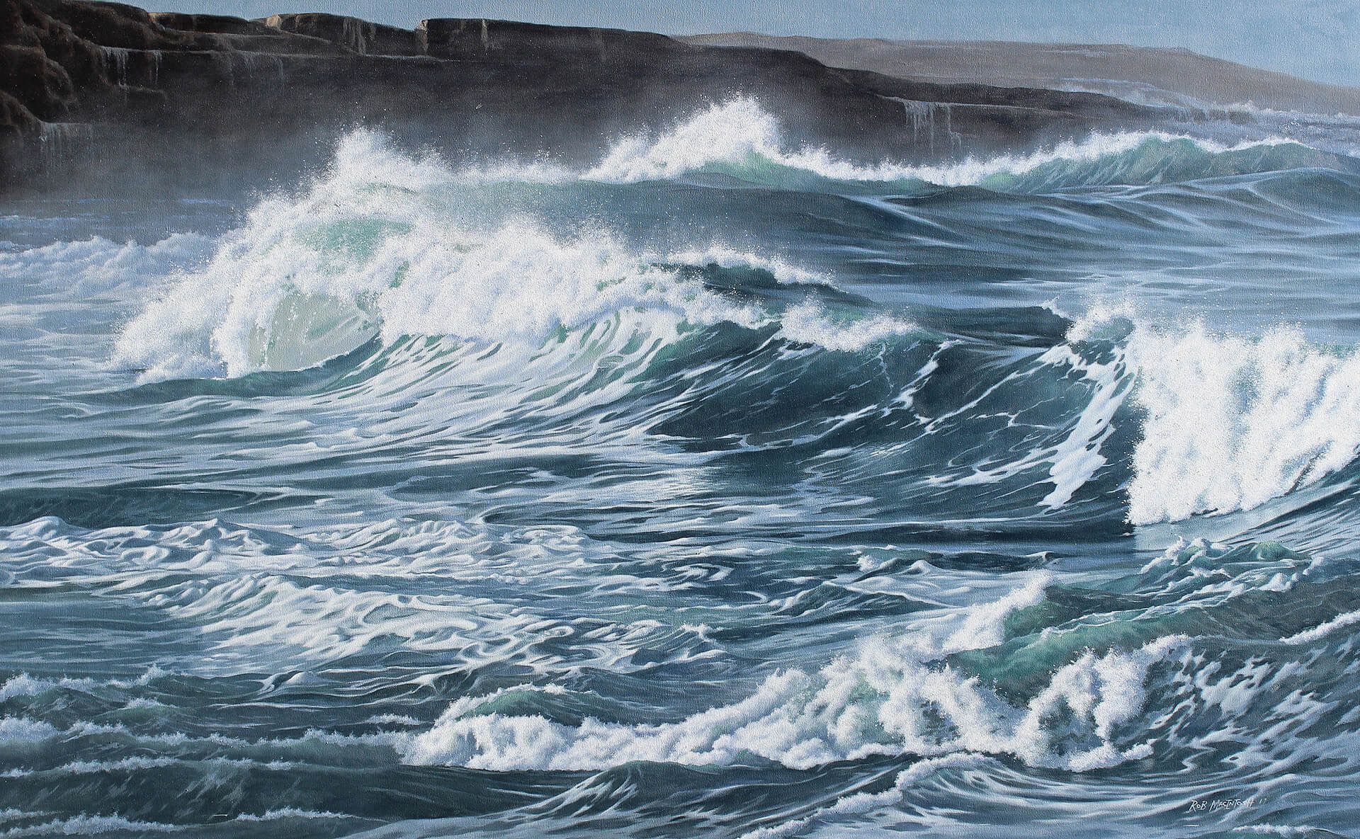 Photorealistic painting of waves breaking near the shore of a beach