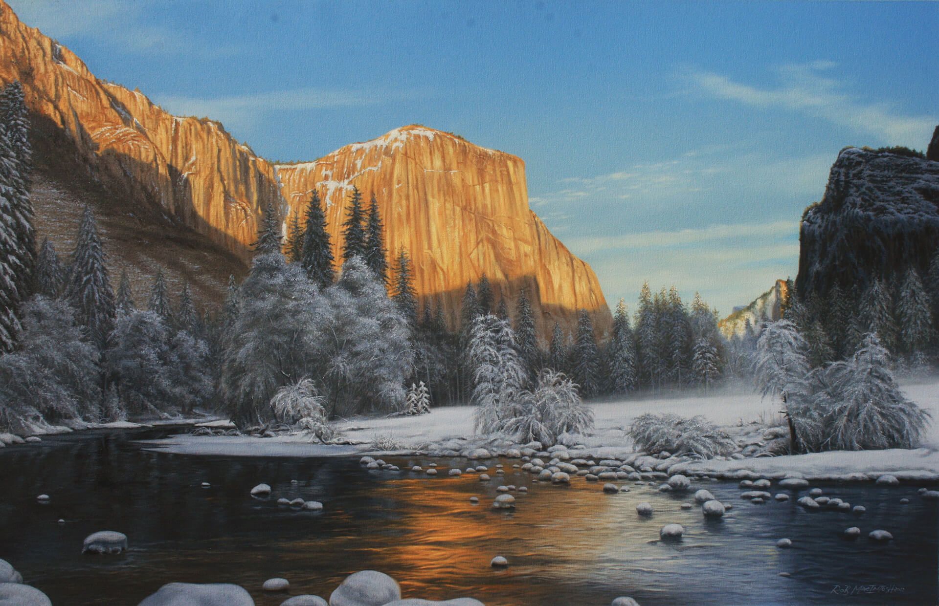 Photorealistic painting of a river flowing through snowed over mountains