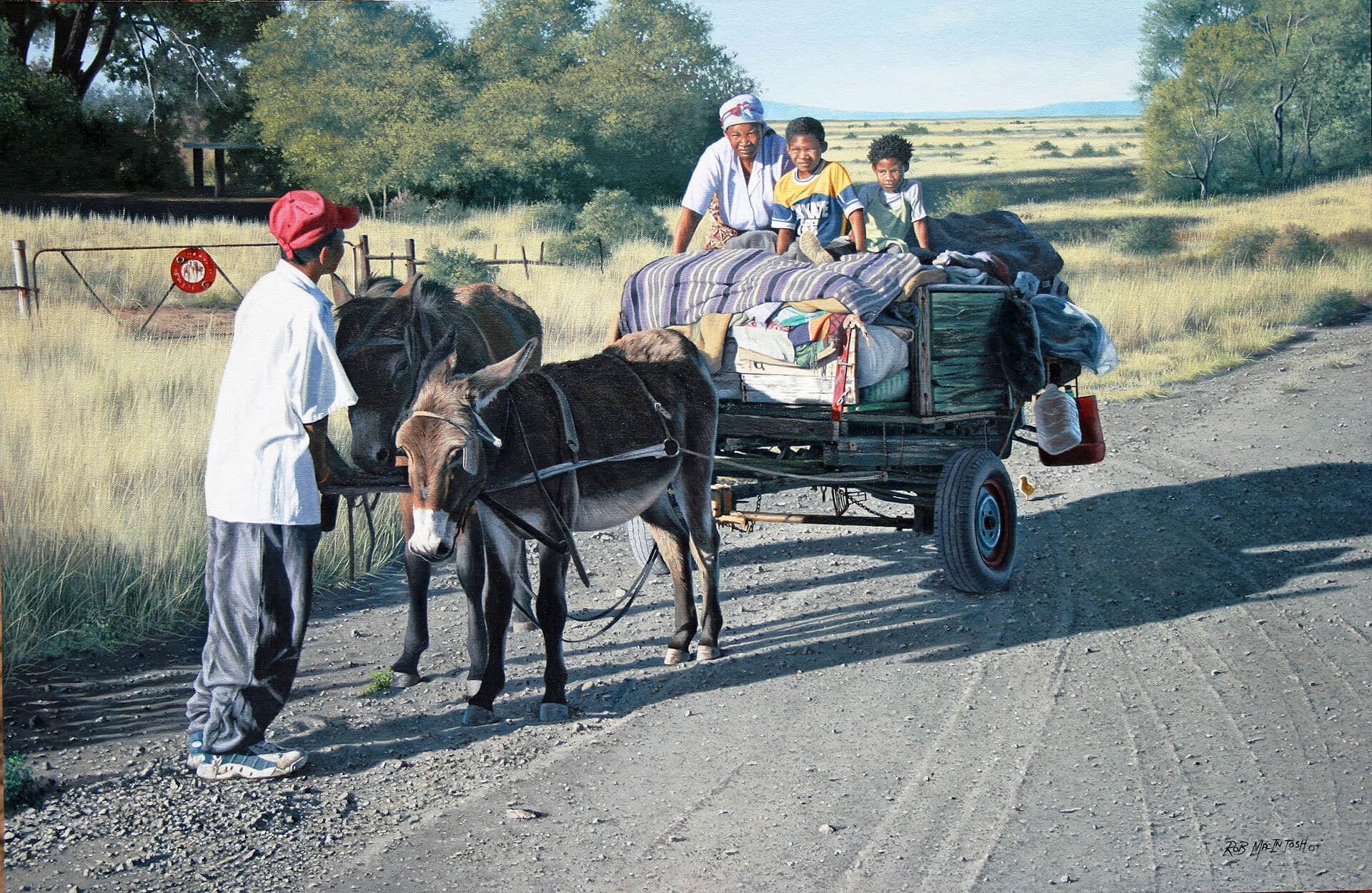 Photorealistic painting of donkey-pulled cart