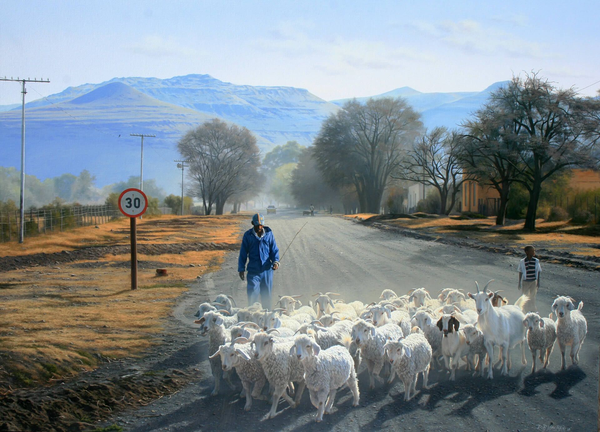 Photorealistic painting of a man herding sheep with a mountain range in the background
