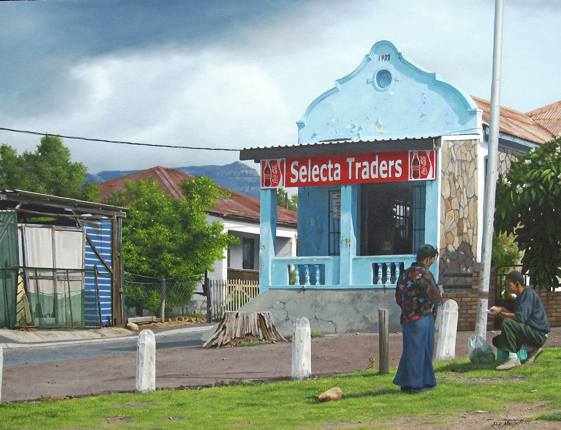 Photorealistic painting of a store front in South Africa