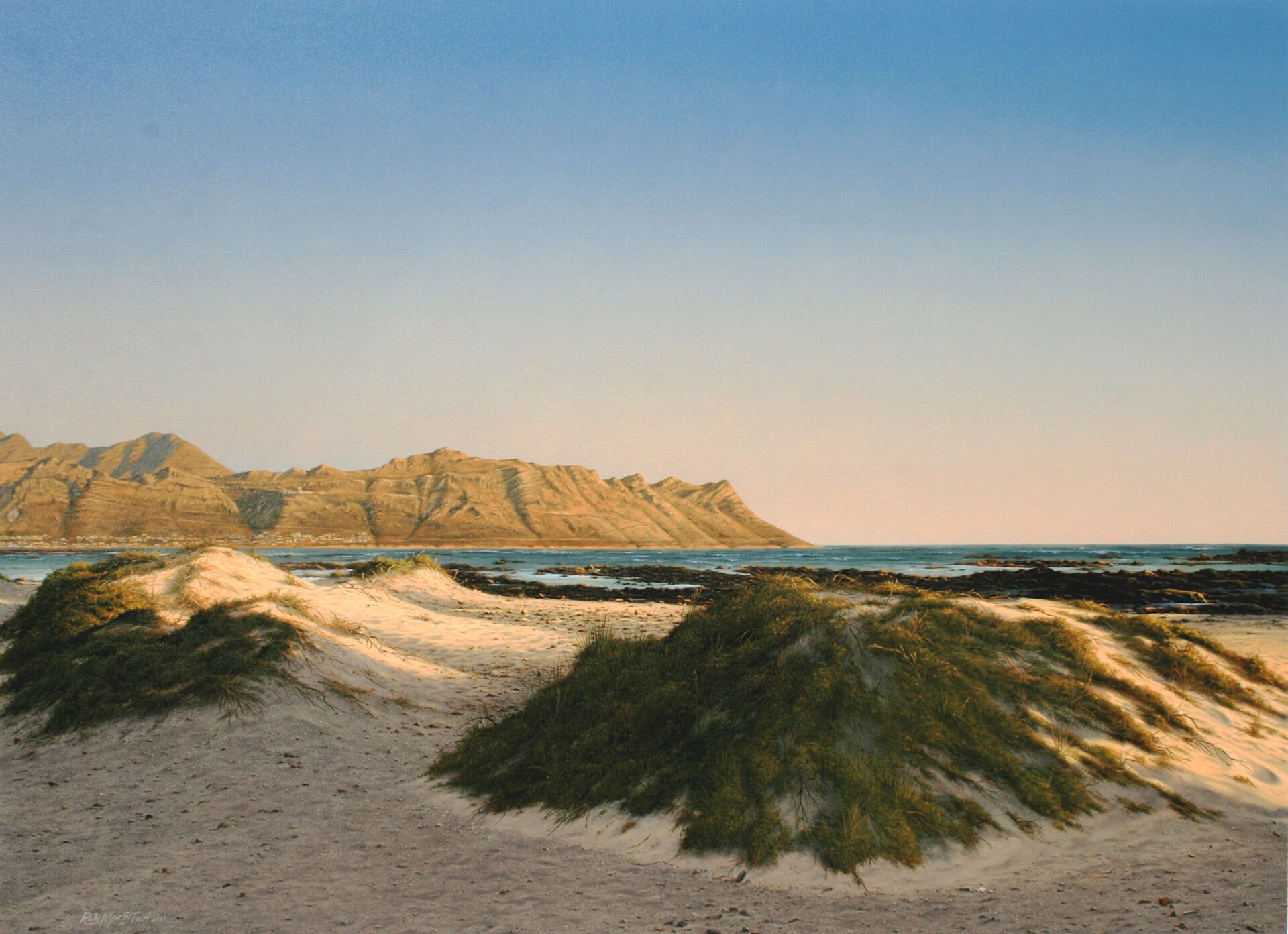 Photorealistic painting of a dry beach at low tide