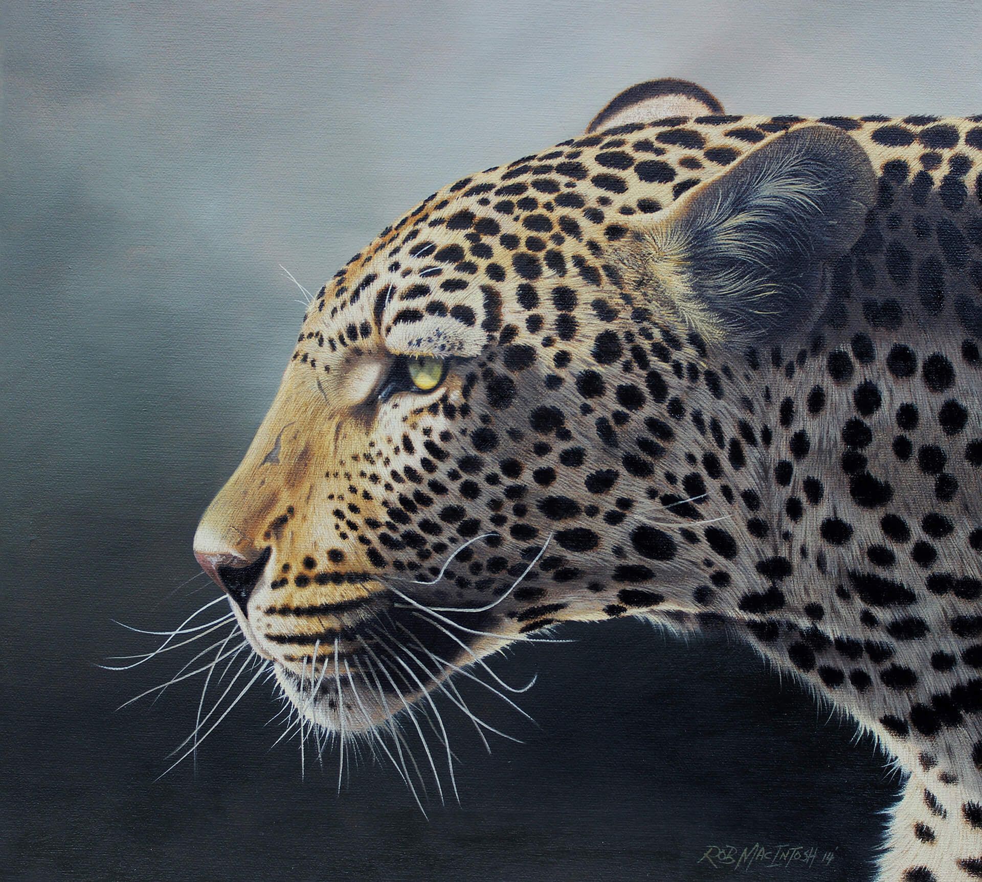Photorealistic painting of a side portrait of a leopard's head