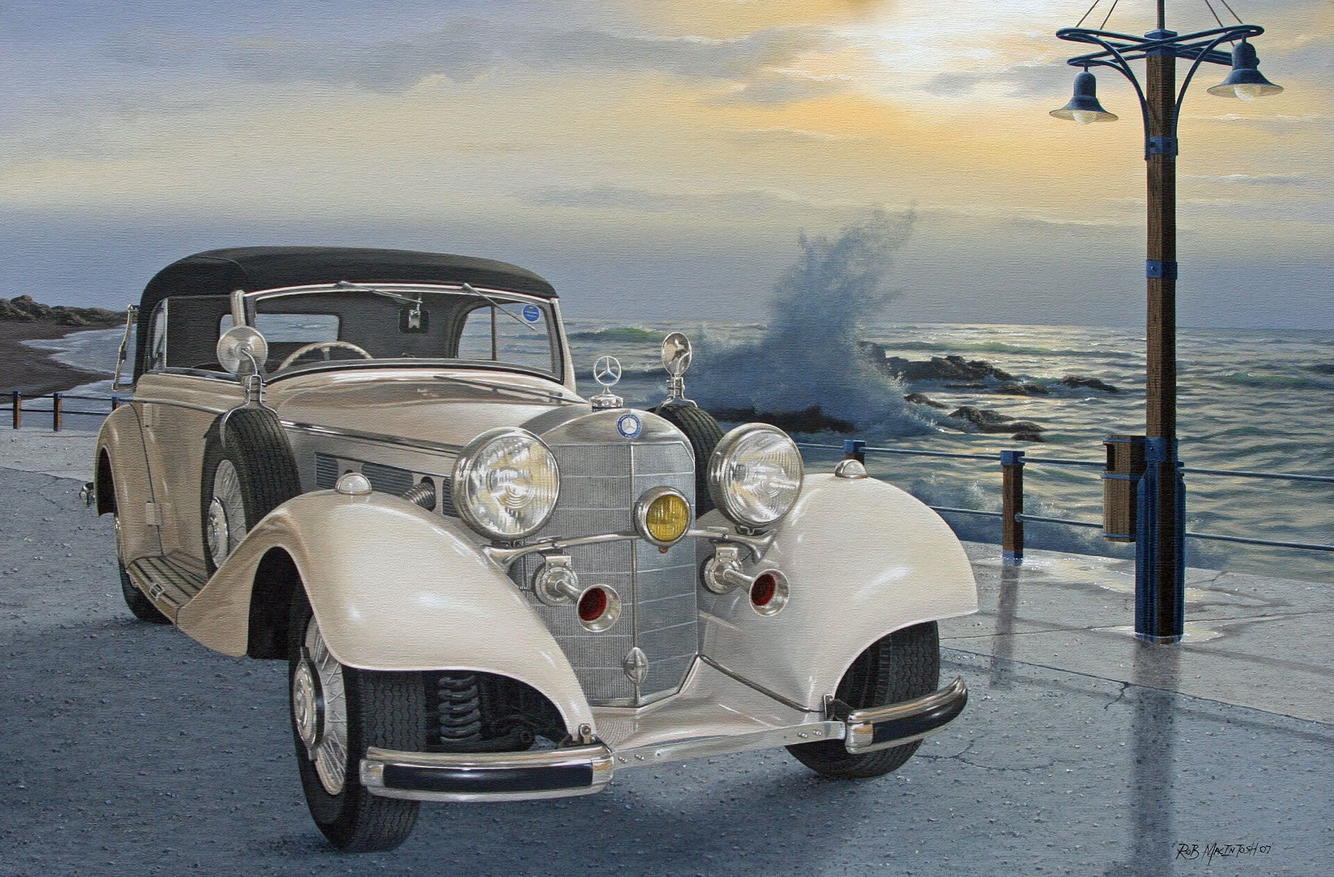 Photorealistic painting of an old car parked on a pier