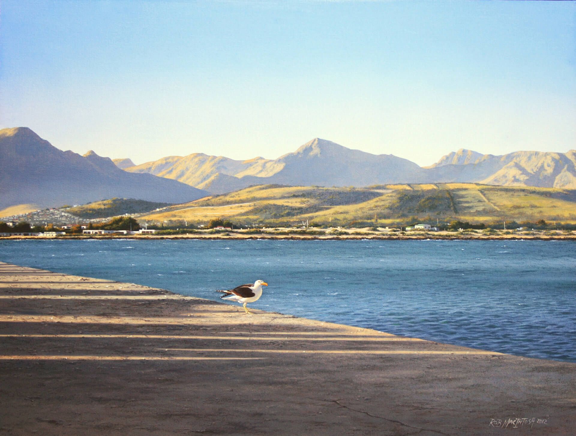 Photorealistic painting of a lone seagull on a beach