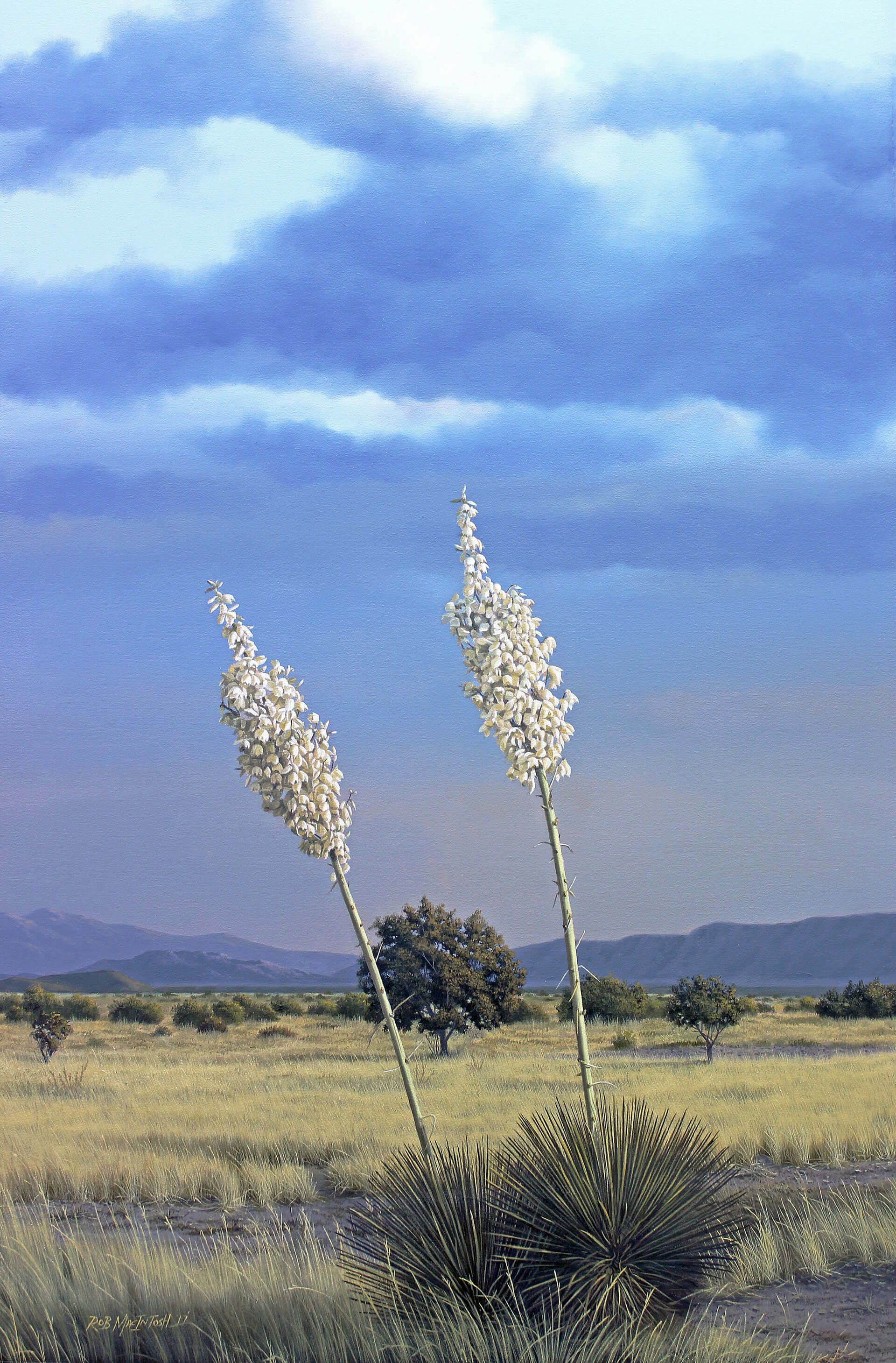 Photorealistic painting of a blooming cactus with a large mountain range behind it