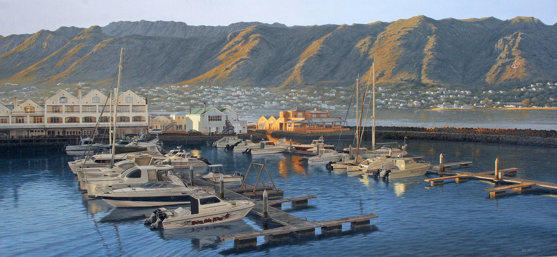 Photorealistic painting of a sunrise over a pier