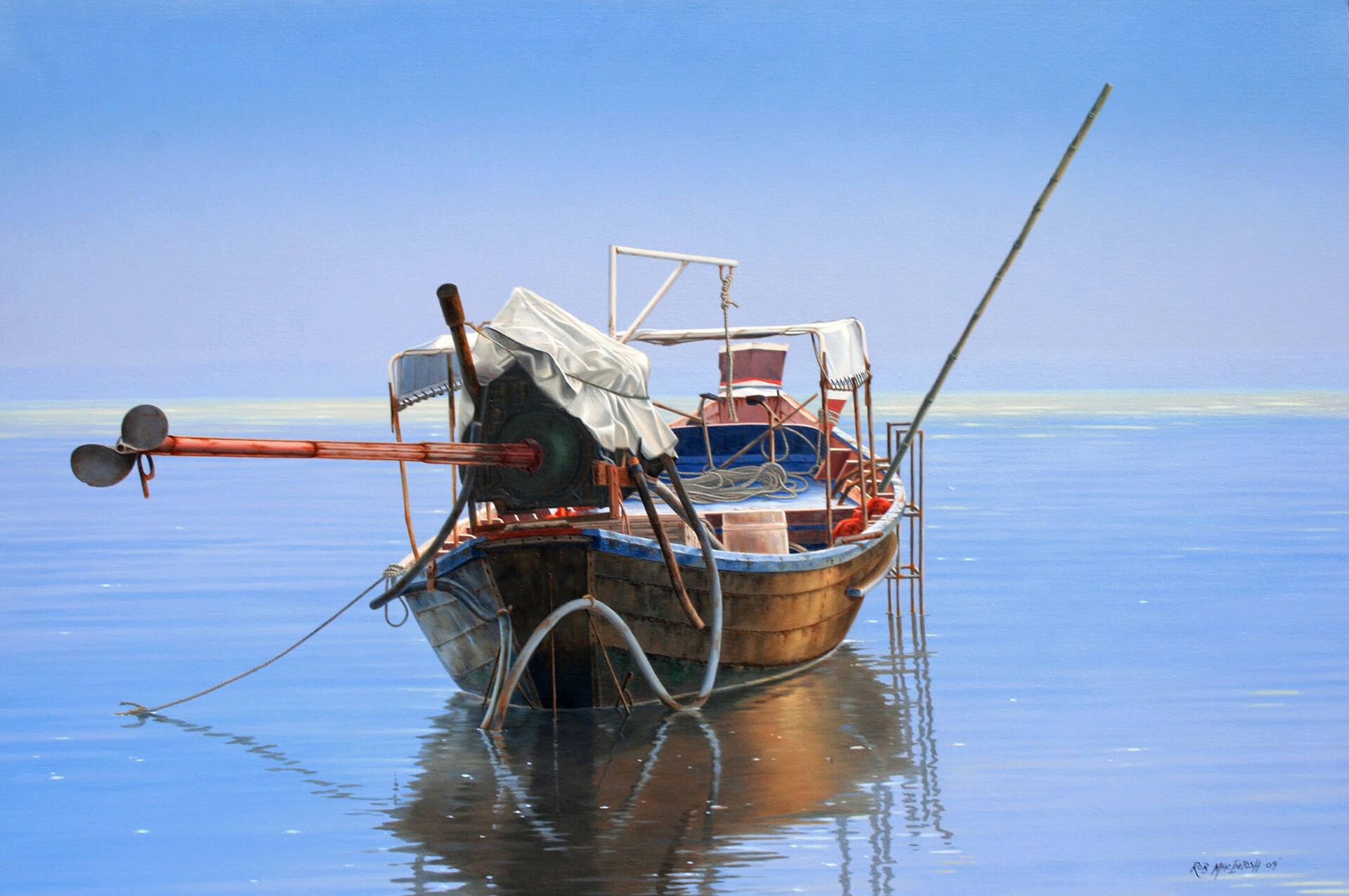 Photorealistic painting of a lone boat over a still ocean