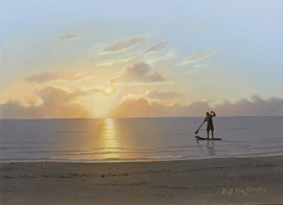 Photorealistic painting of a man on a paddle board on the ocean during the last minutes of sunset