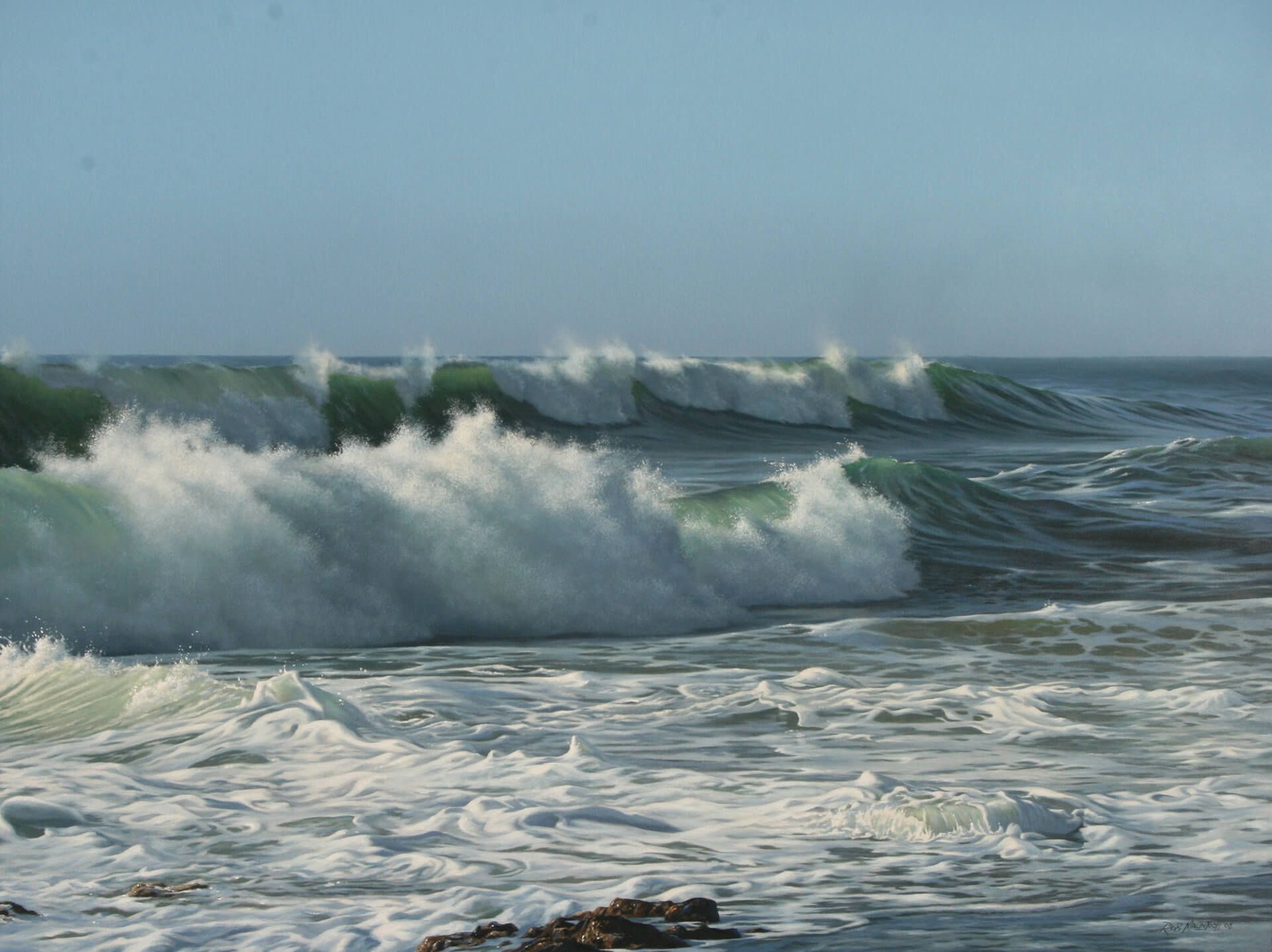 Photorealistic painting of large waves crashing in to each other