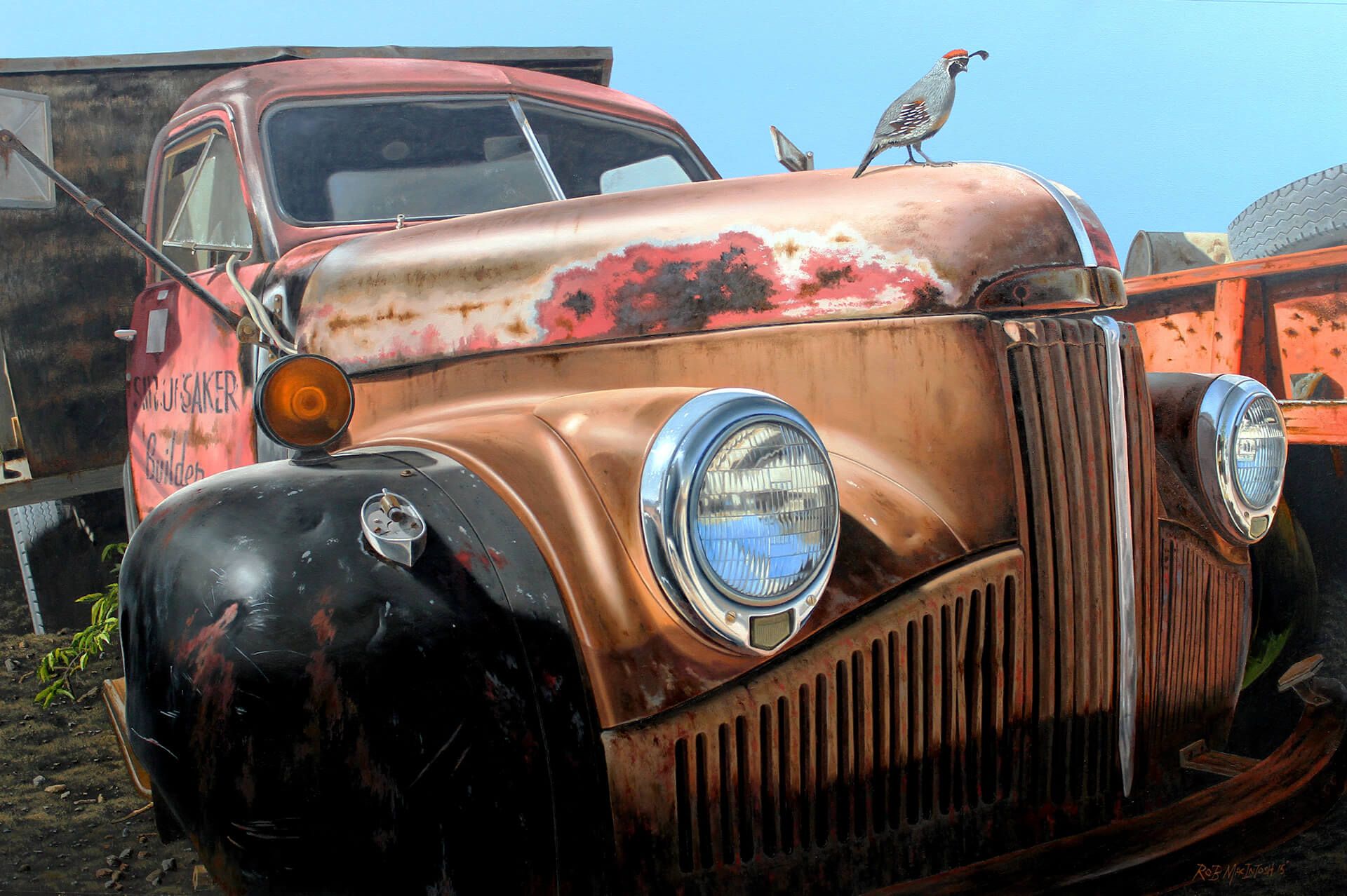 Photorealistic painting of an old truck with quail on top of it