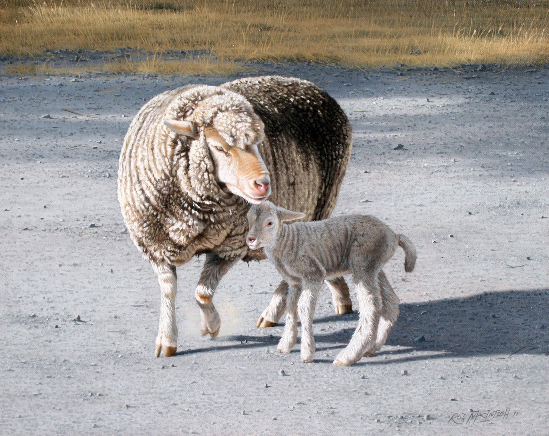 Photorealistic painting of sheep and lamb