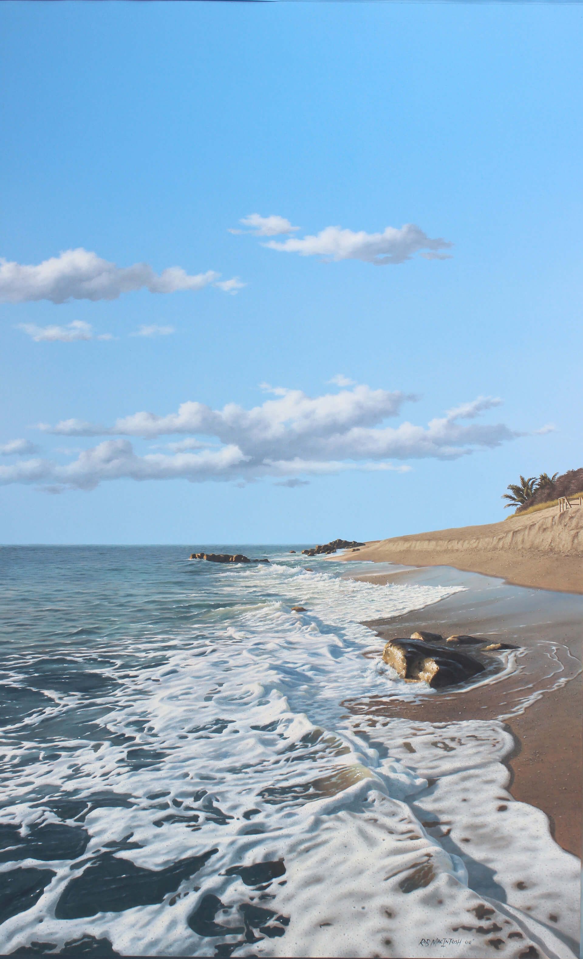 Photorealistic painting of gentle waves against a lone rock on a beach