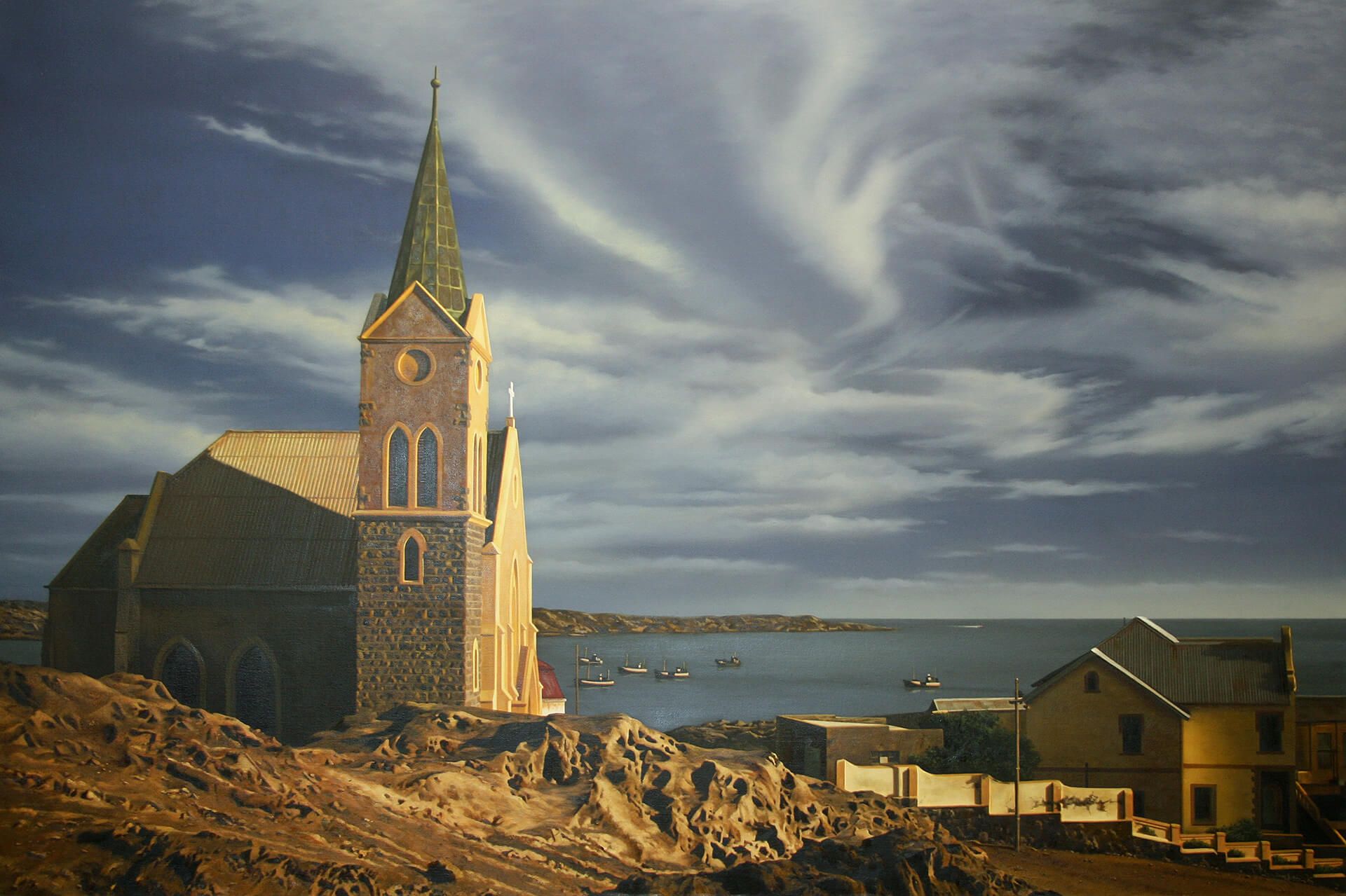 Photorealistic painting of a church overlooking a bay