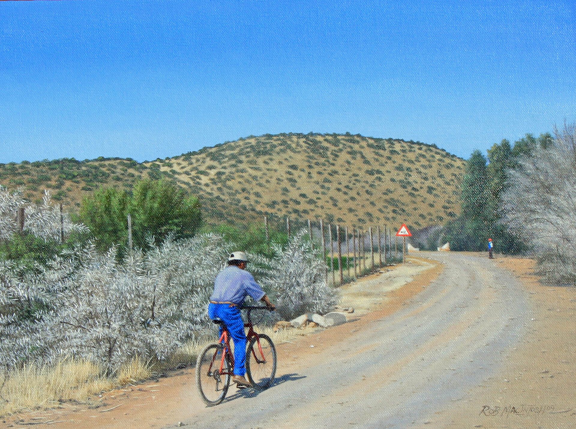 Photorealistic painting of a man cycling down a dirt road