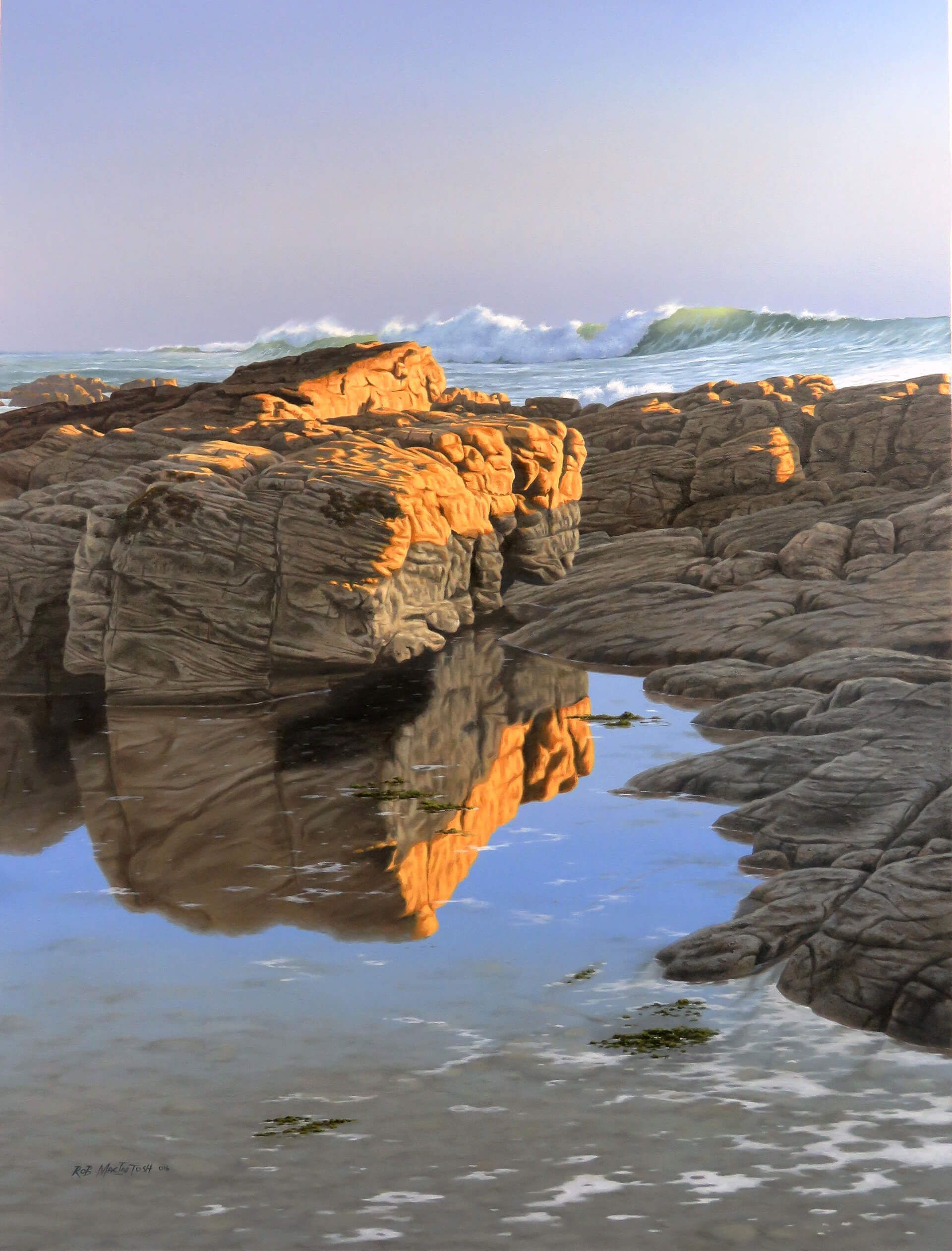 Photorealistic painting of a tide pool at low tide