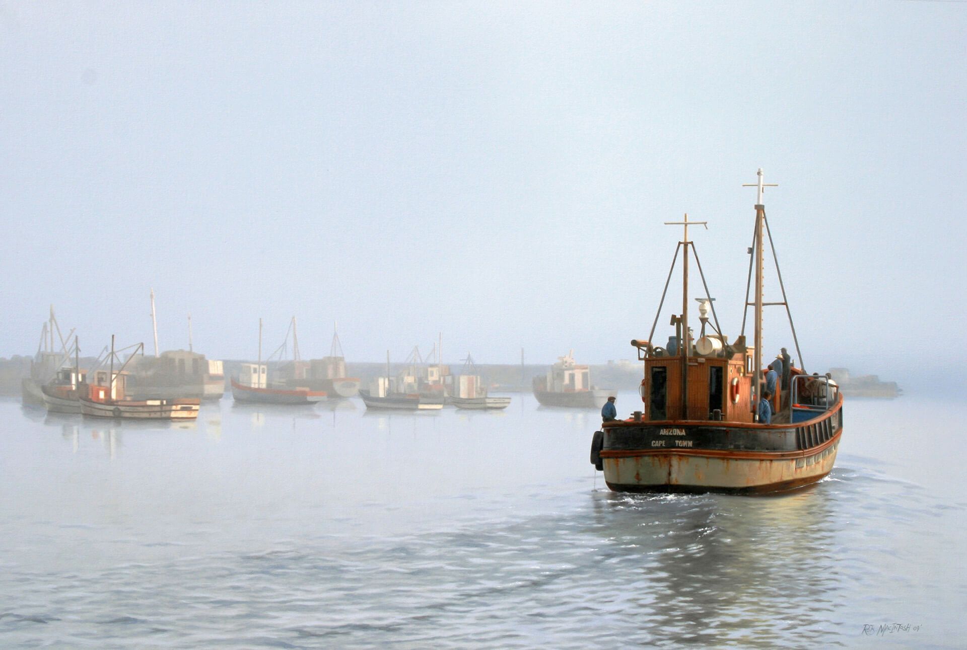 Photorealistic painting of a boat moving out of a pier and into the foggy ocean