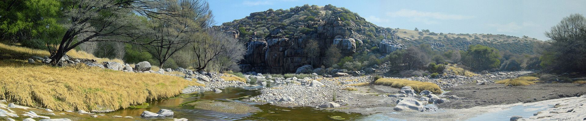 Photorealistic painting of a river running through a wash with mountains