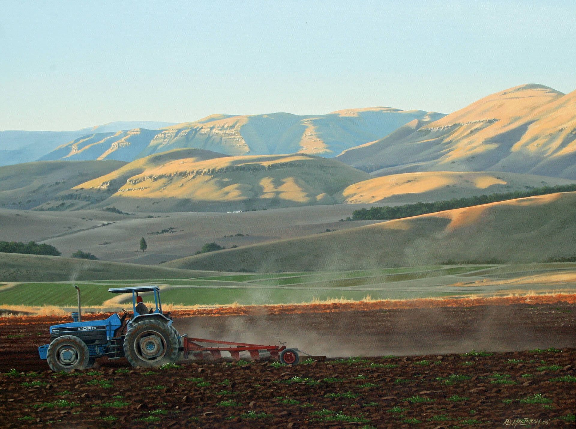 Photorealistic painting of a tractor plowing a field