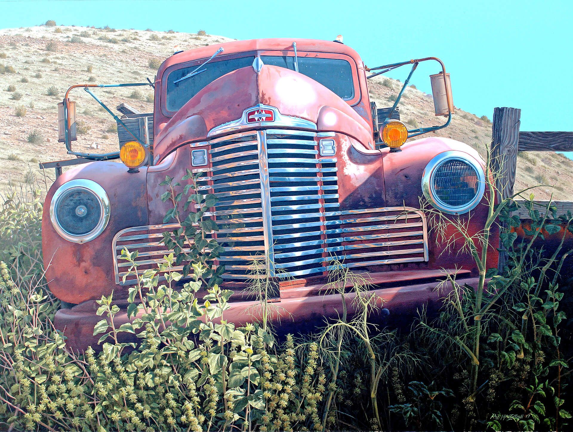 Photorealistic painting of an old truck with broken headlights