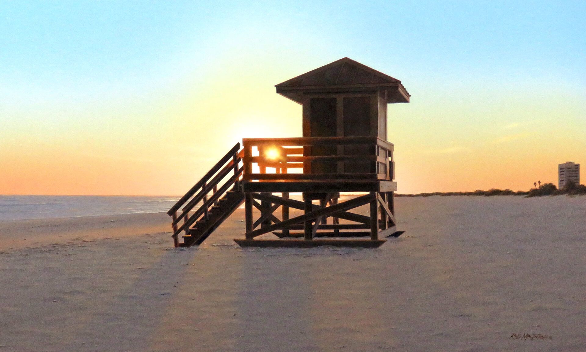 Photorealistic painting of a guard house on Siesta Beach