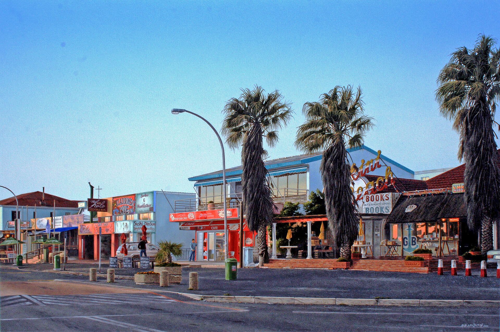 Photorealistic painting of a strip of stores down a street